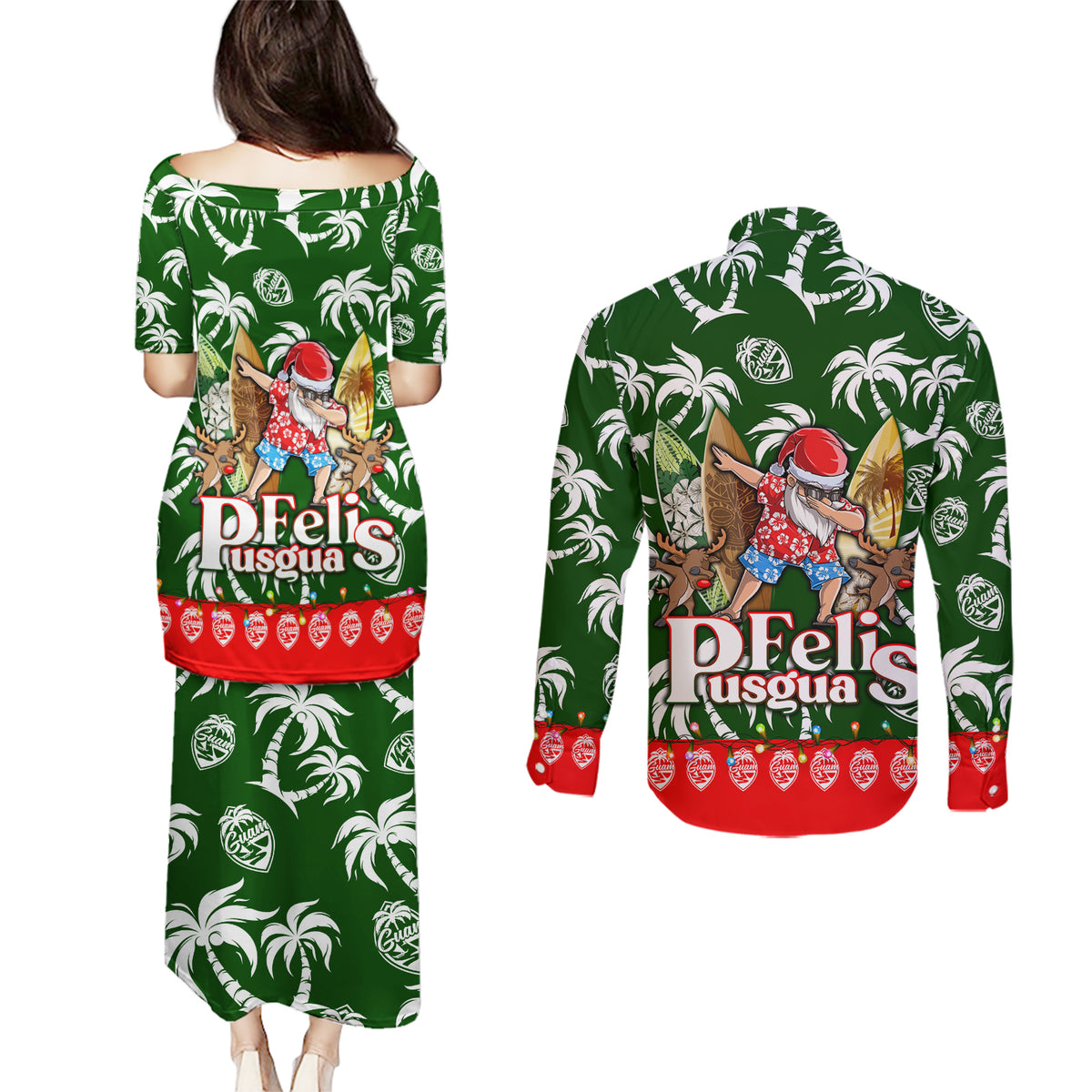 Guam Christmas Couples Matching Puletasi Dress and Long Sleeve Button Shirts Felis Pusgua Tropical Xmas Patterns - Wonder Print Shop