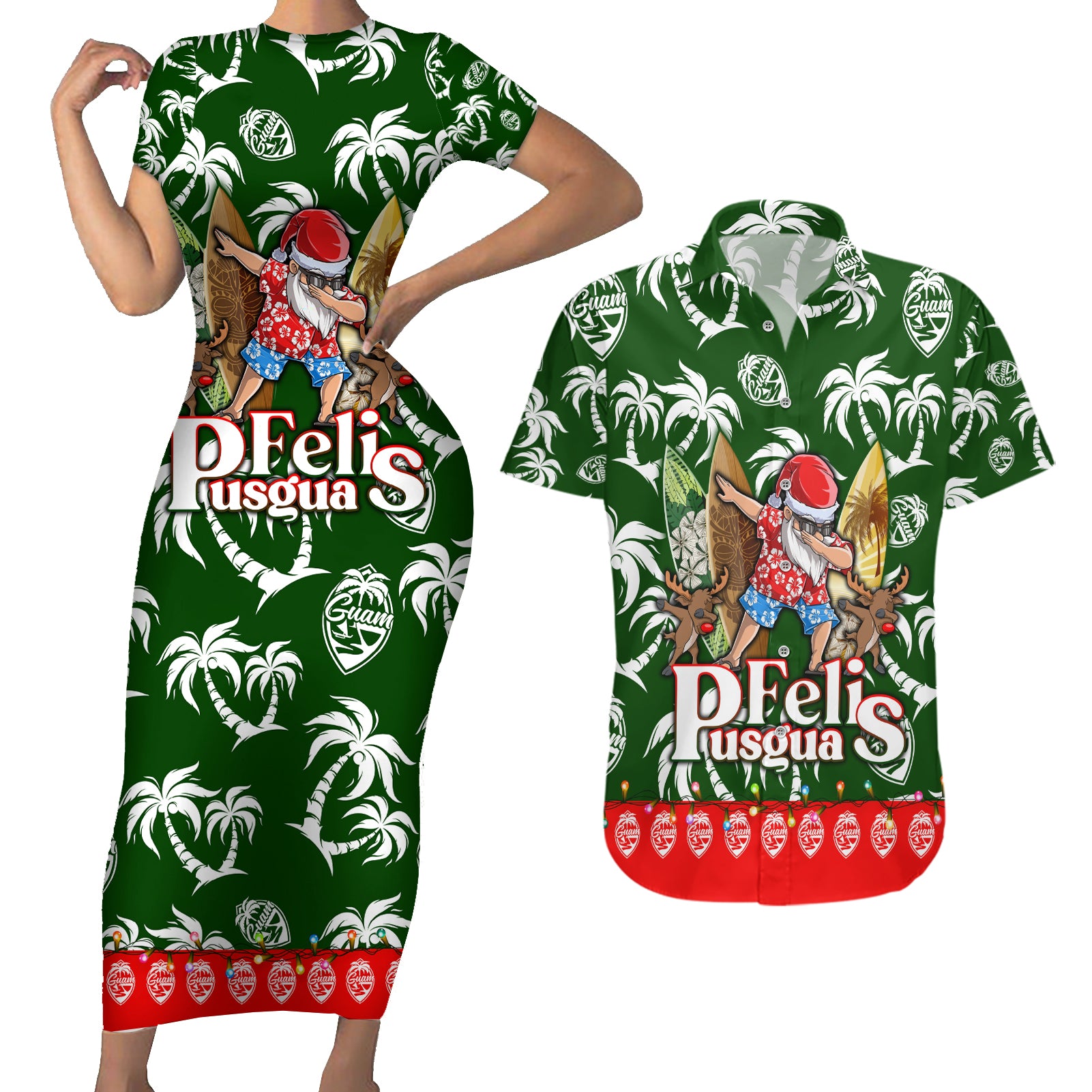 Guam Christmas Couples Matching Short Sleeve Bodycon Dress and Hawaiian Shirt Felis Pusgua Tropical Xmas Patterns - Wonder Print Shop