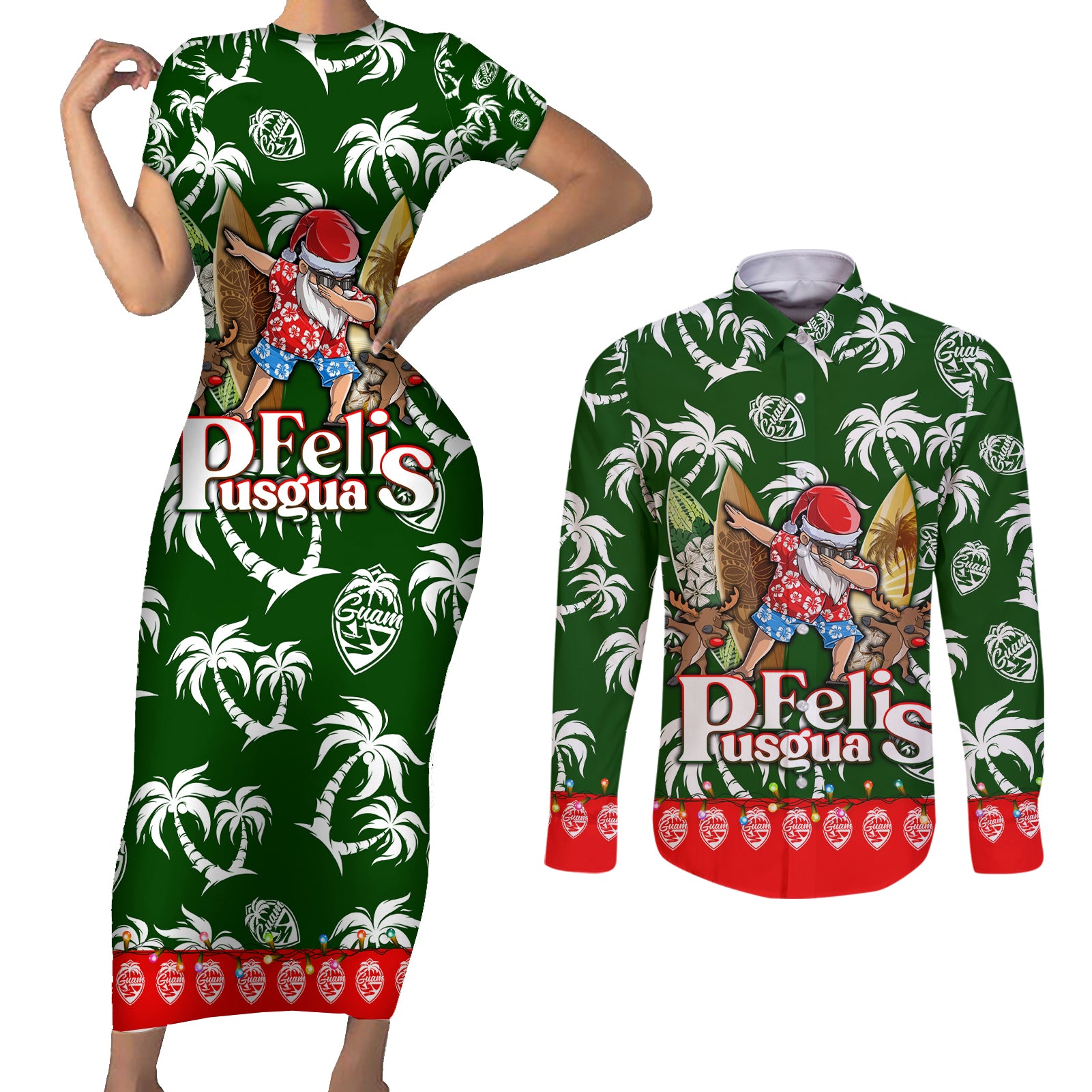 Guam Christmas Couples Matching Short Sleeve Bodycon Dress and Long Sleeve Button Shirts Felis Pusgua Tropical Xmas Patterns - Wonder Print Shop
