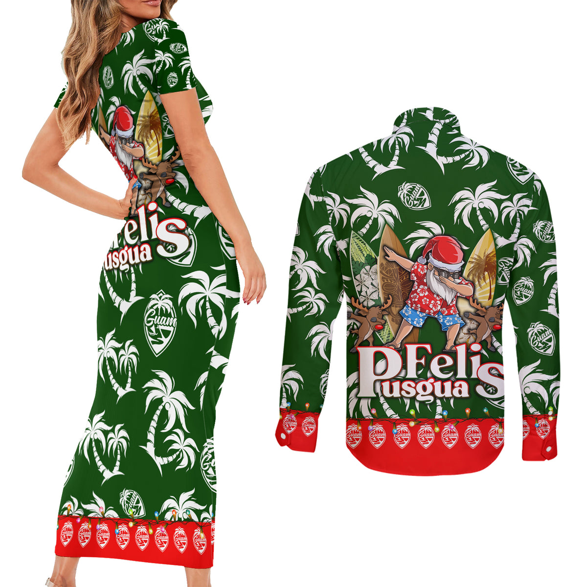 Guam Christmas Couples Matching Short Sleeve Bodycon Dress and Long Sleeve Button Shirts Felis Pusgua Tropical Xmas Patterns - Wonder Print Shop