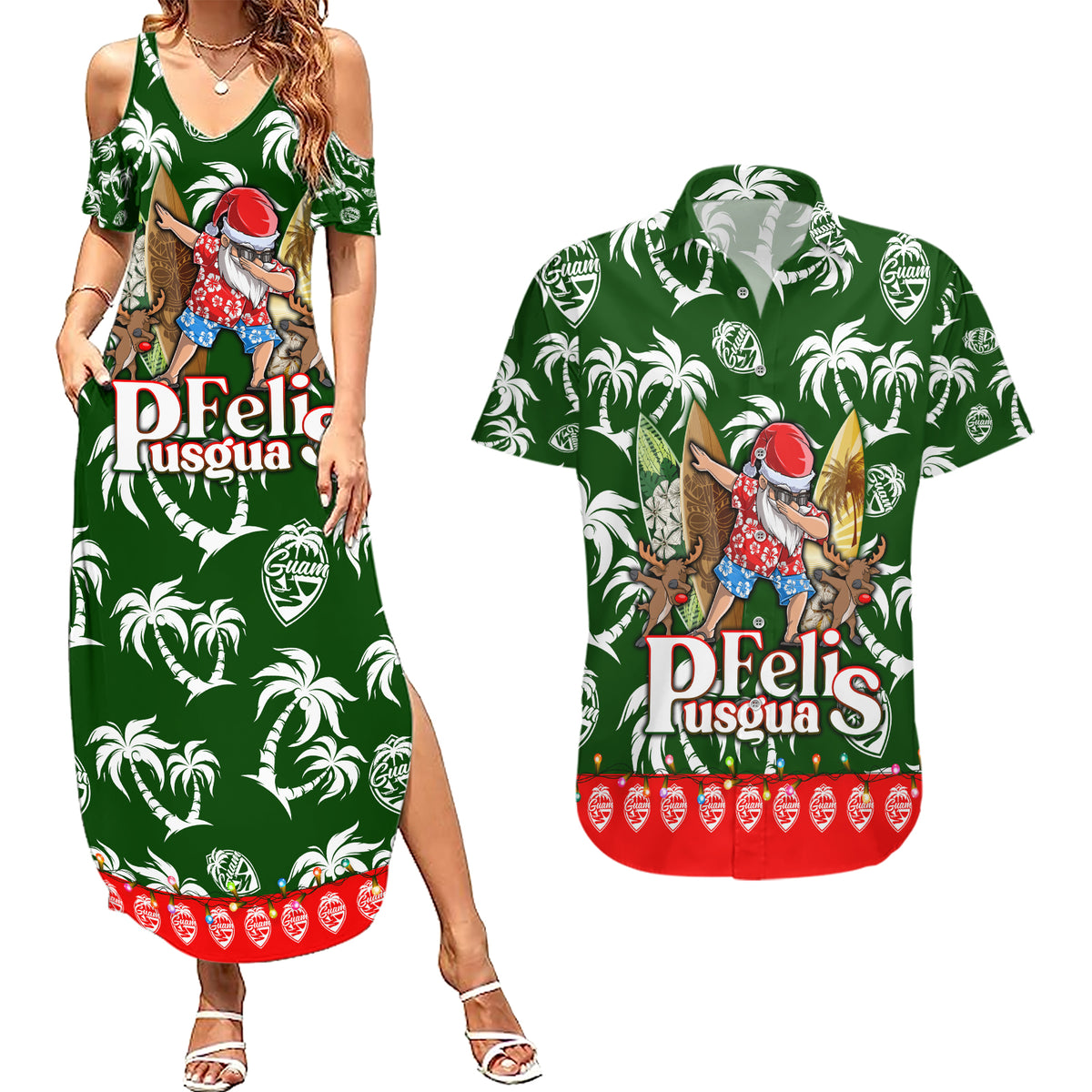 Guam Christmas Couples Matching Summer Maxi Dress and Hawaiian Shirt Felis Pusgua Tropical Xmas Patterns - Wonder Print Shop