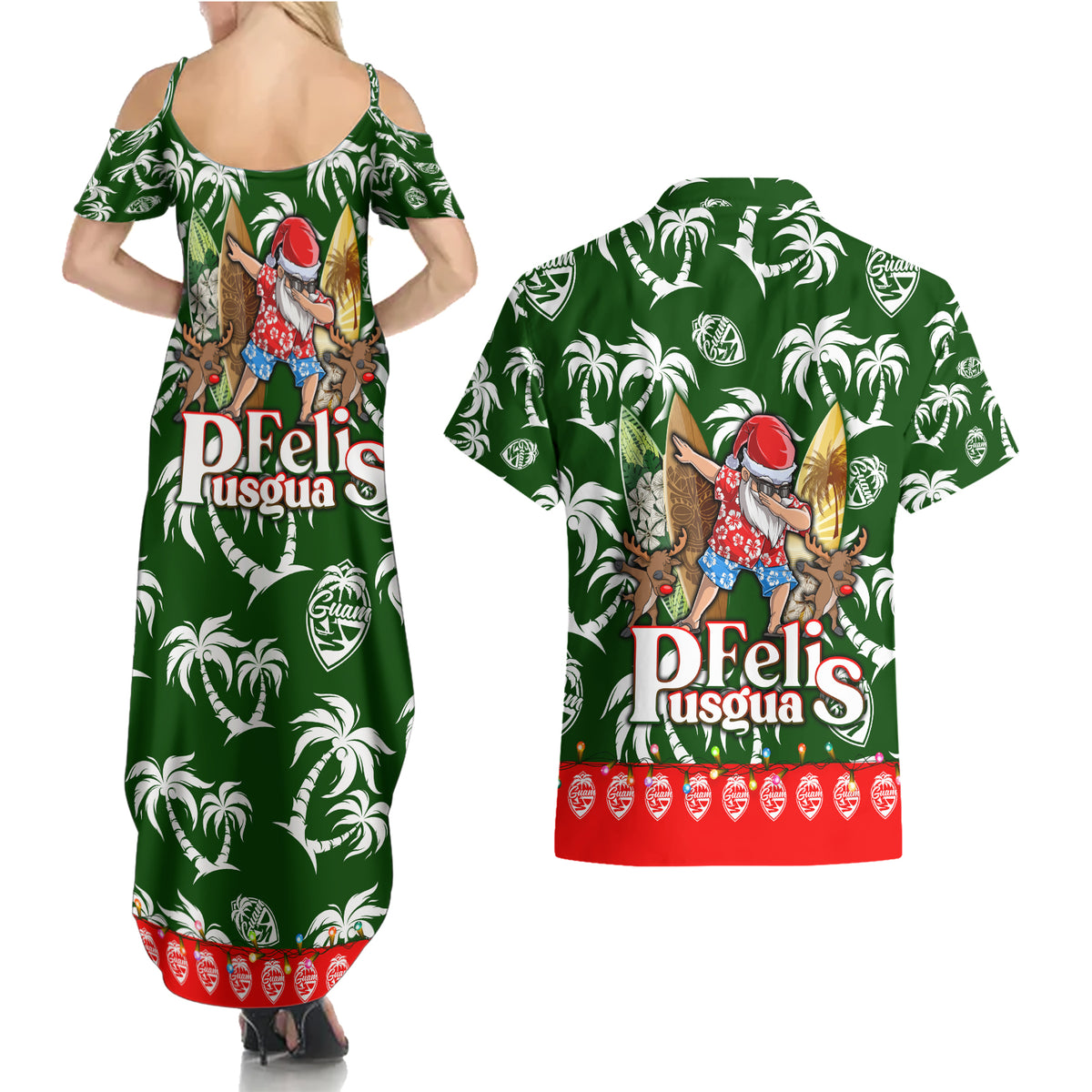 Guam Christmas Couples Matching Summer Maxi Dress and Hawaiian Shirt Felis Pusgua Tropical Xmas Patterns - Wonder Print Shop
