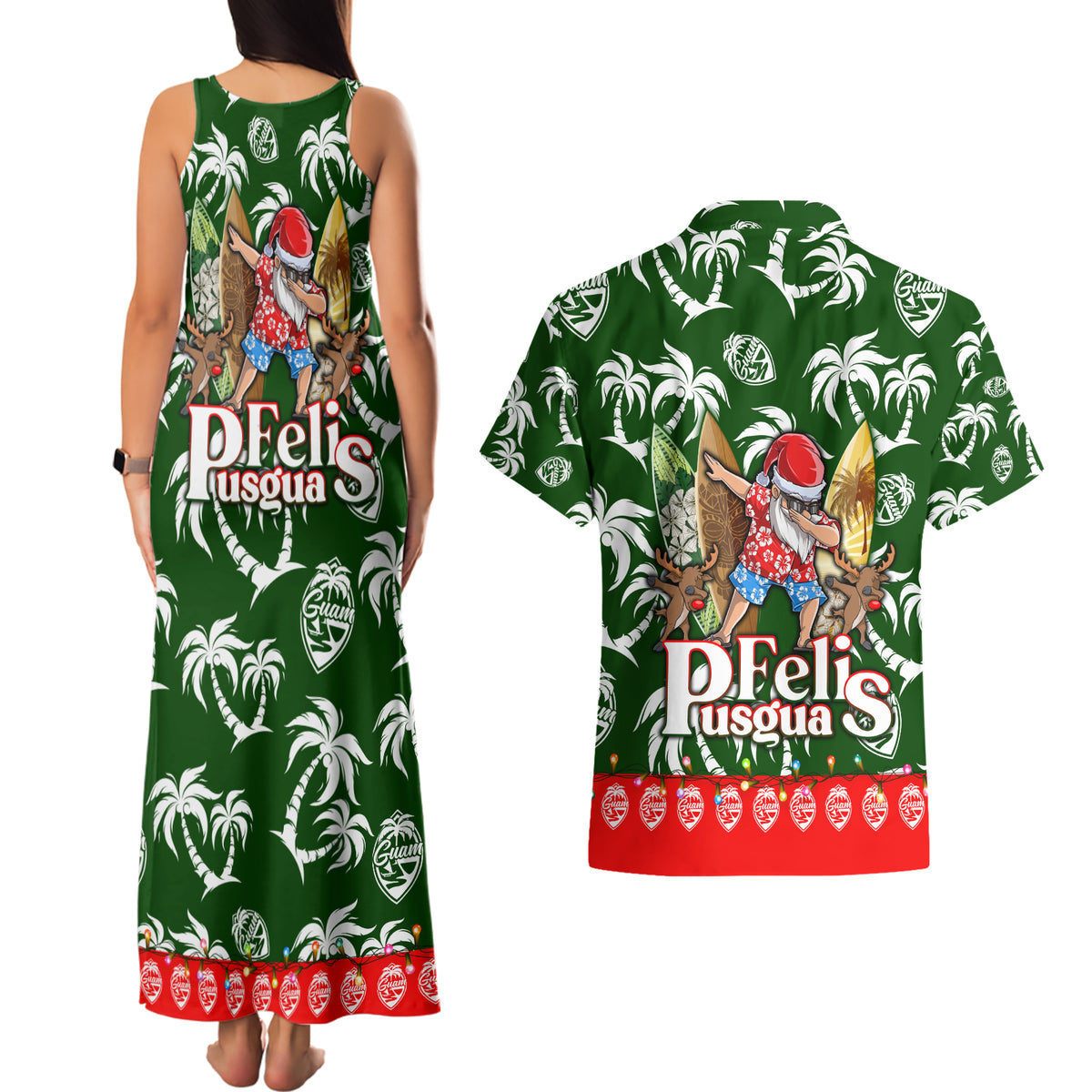Guam Christmas Couples Matching Tank Maxi Dress and Hawaiian Shirt Felis Pusgua Tropical Xmas Patterns - Wonder Print Shop