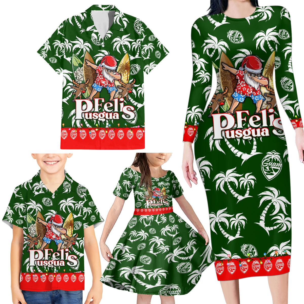 Guam Christmas Family Matching Long Sleeve Bodycon Dress and Hawaiian Shirt Felis Pusgua Tropical Xmas Patterns - Wonder Print Shop
