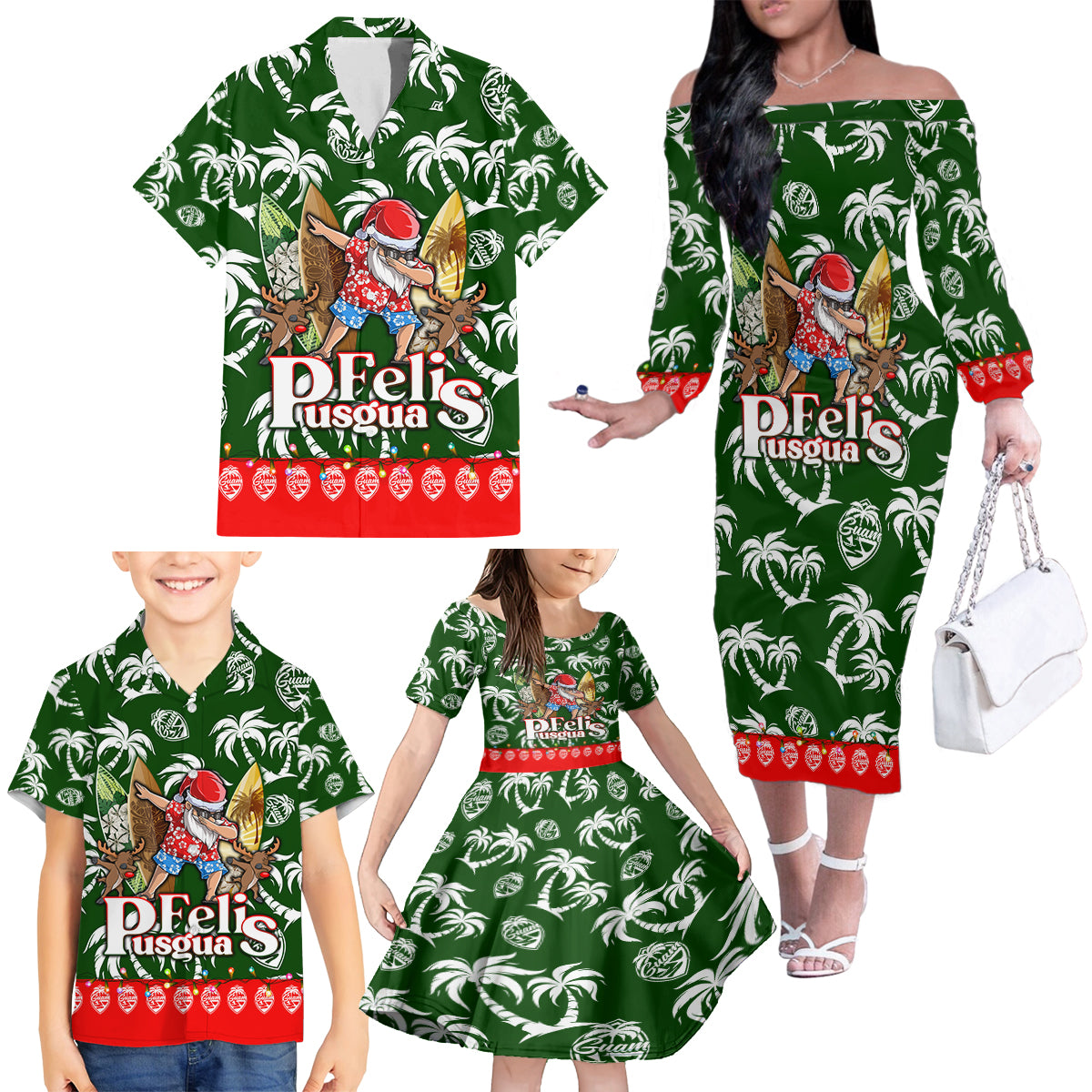 Guam Christmas Family Matching Off Shoulder Long Sleeve Dress and Hawaiian Shirt Felis Pusgua Tropical Xmas Patterns - Wonder Print Shop