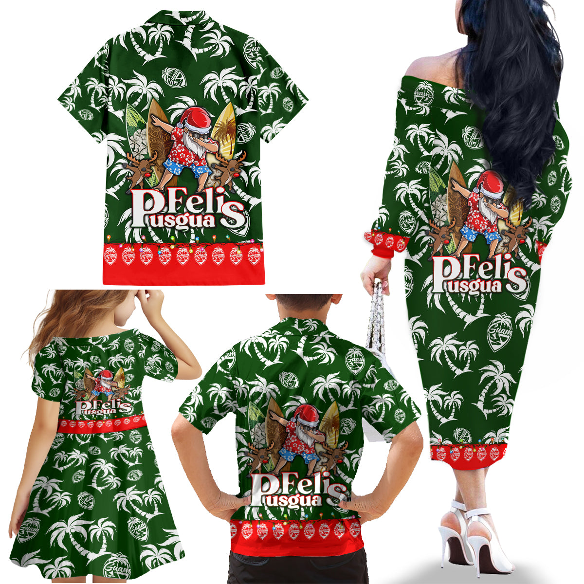 Guam Christmas Family Matching Off Shoulder Long Sleeve Dress and Hawaiian Shirt Felis Pusgua Tropical Xmas Patterns - Wonder Print Shop