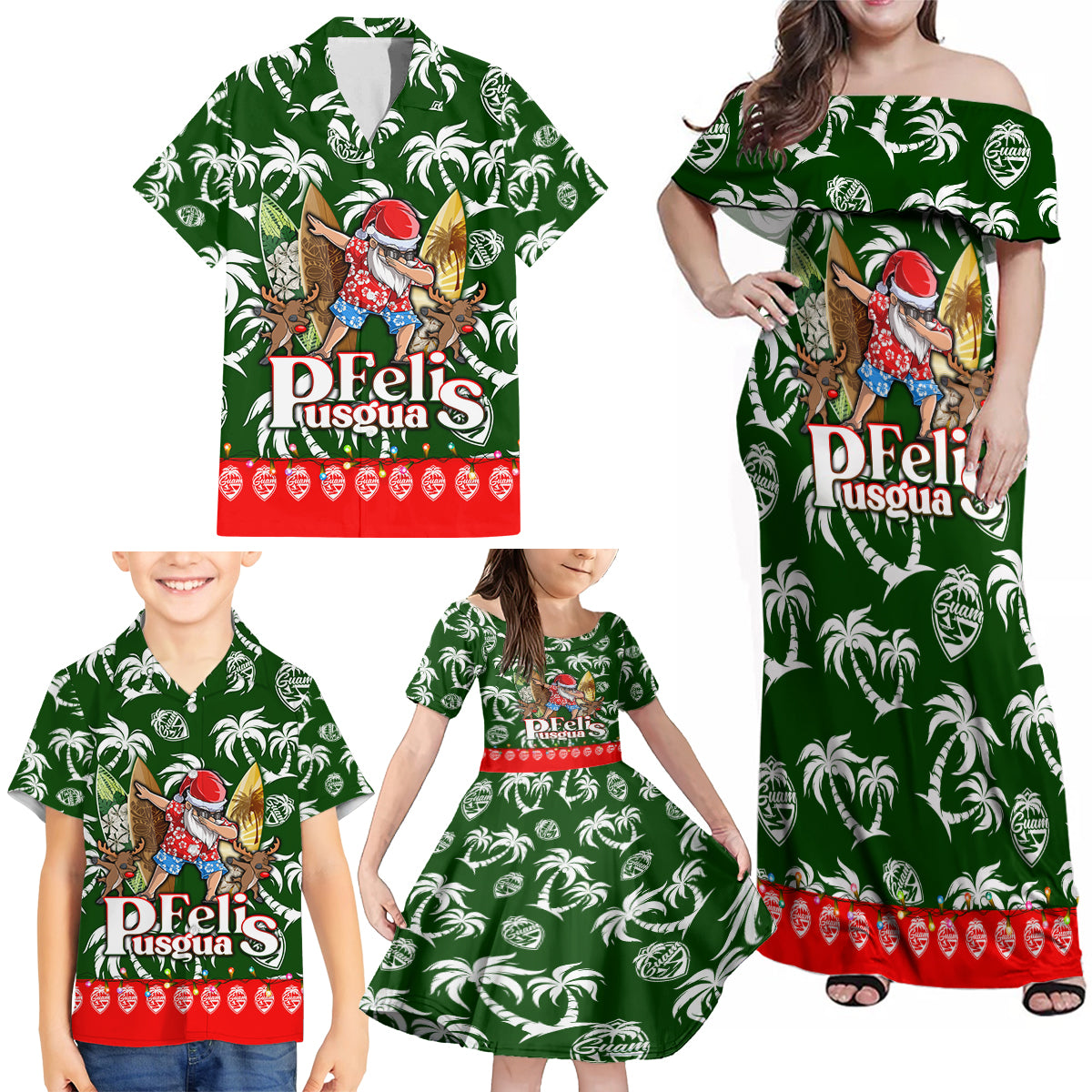 Guam Christmas Family Matching Off Shoulder Maxi Dress and Hawaiian Shirt Felis Pusgua Tropical Xmas Patterns - Wonder Print Shop