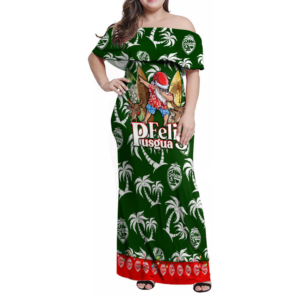 Guam Christmas Family Matching Off Shoulder Maxi Dress and Hawaiian Shirt Felis Pusgua Tropical Xmas Patterns - Wonder Print Shop