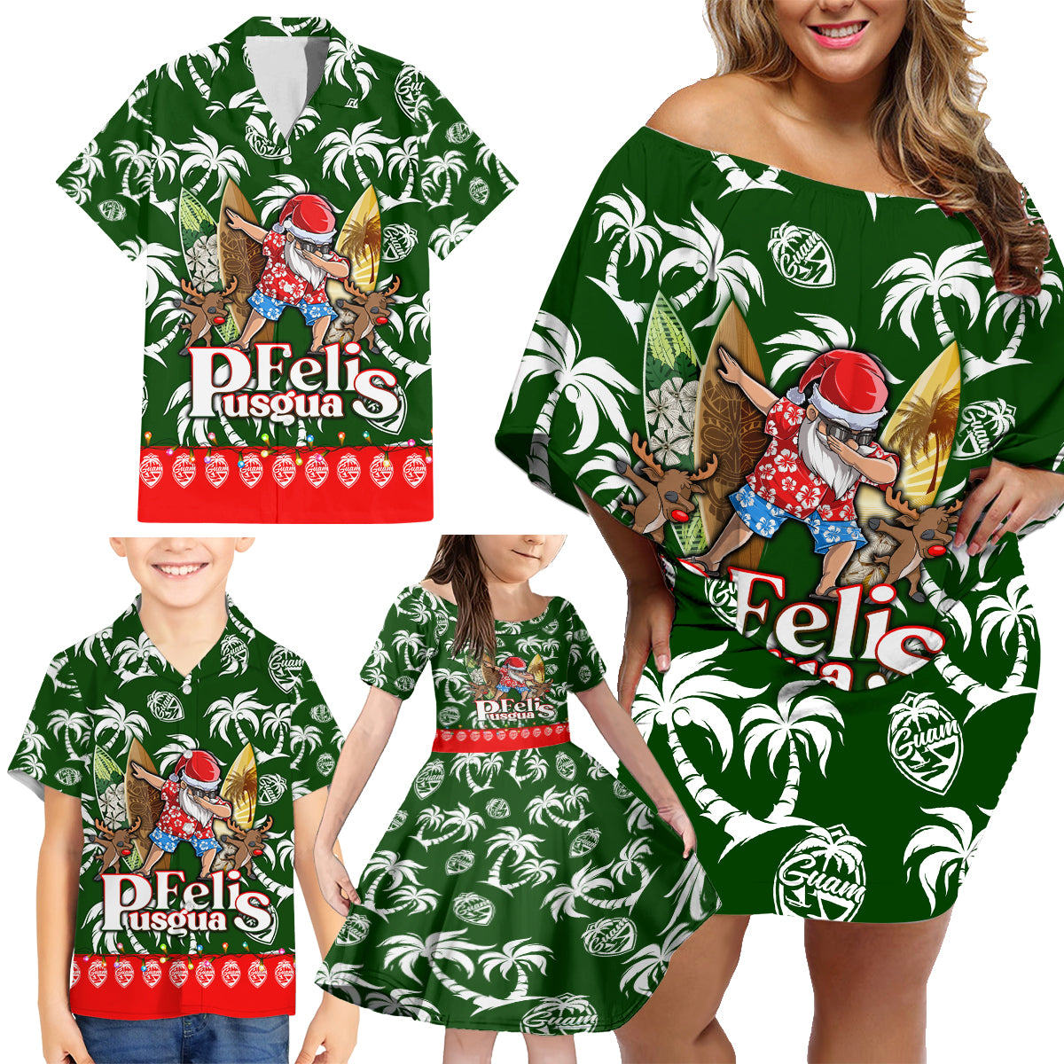 Guam Christmas Family Matching Off Shoulder Short Dress and Hawaiian Shirt Felis Pusgua Tropical Xmas Patterns - Wonder Print Shop