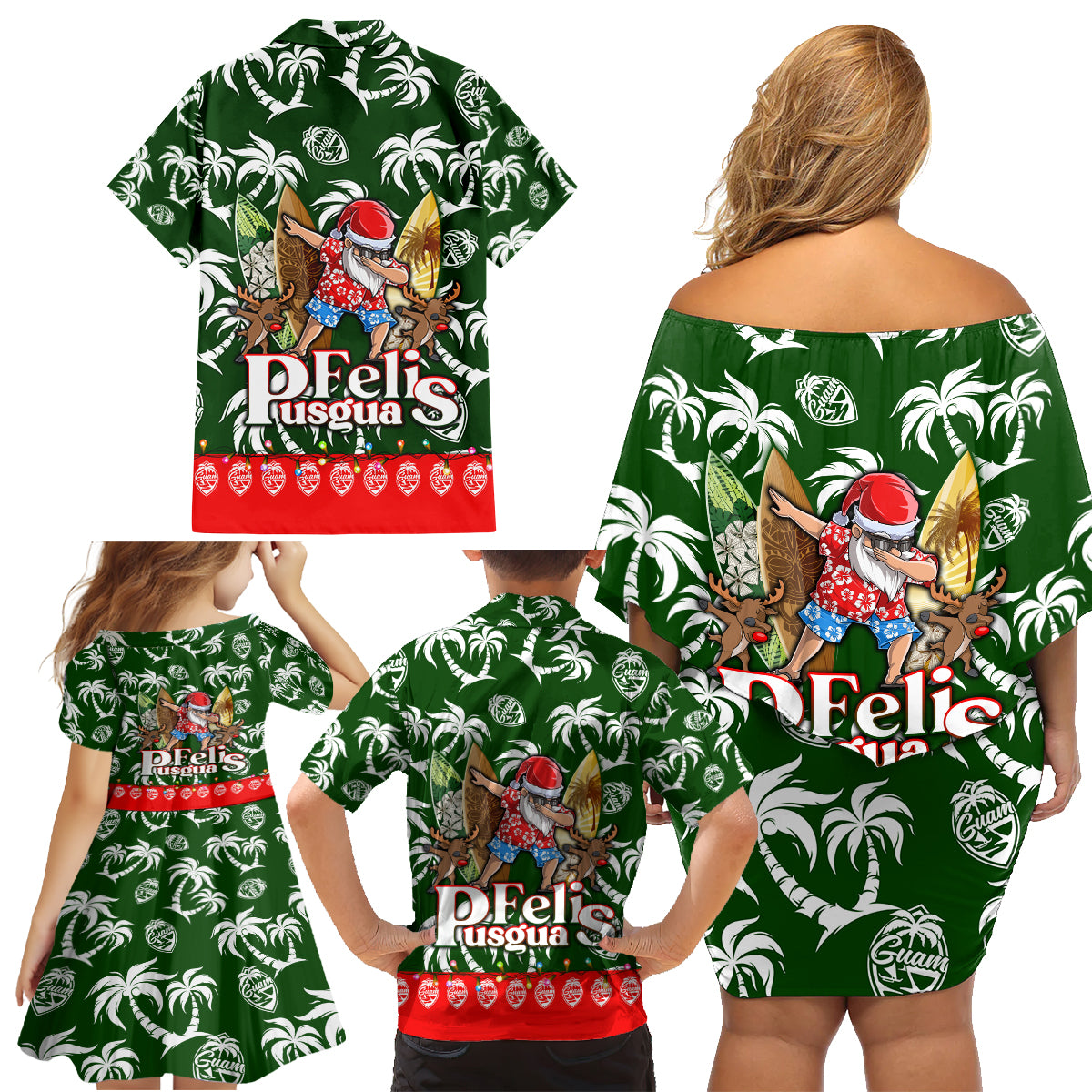 Guam Christmas Family Matching Off Shoulder Short Dress and Hawaiian Shirt Felis Pusgua Tropical Xmas Patterns - Wonder Print Shop