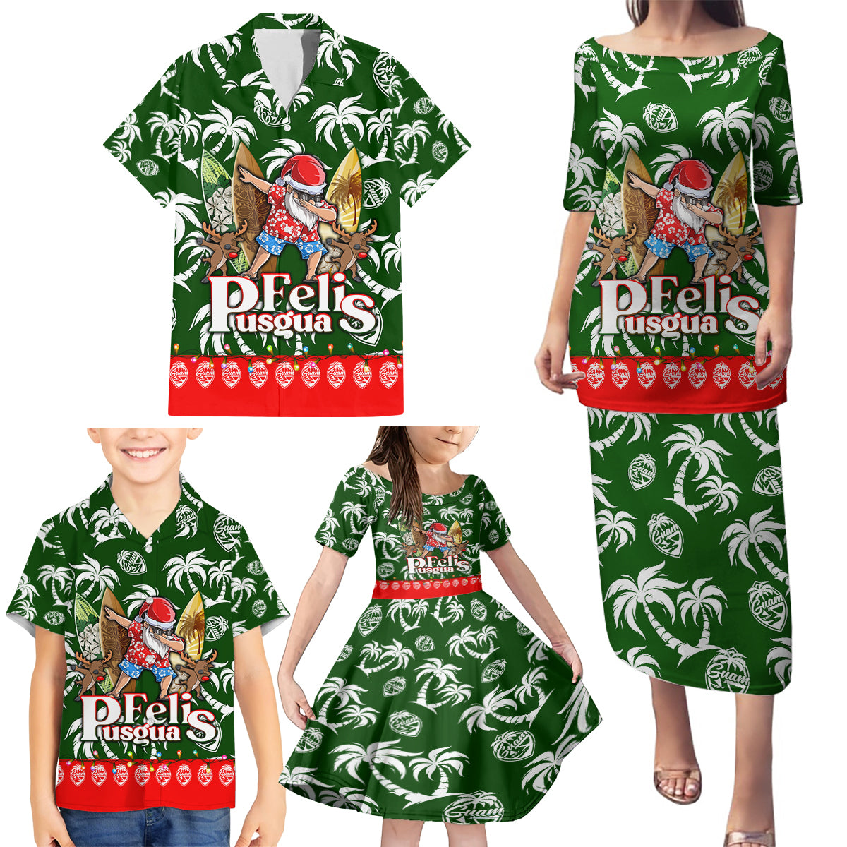 Guam Christmas Family Matching Puletasi Dress and Hawaiian Shirt Felis Pusgua Tropical Xmas Patterns - Wonder Print Shop