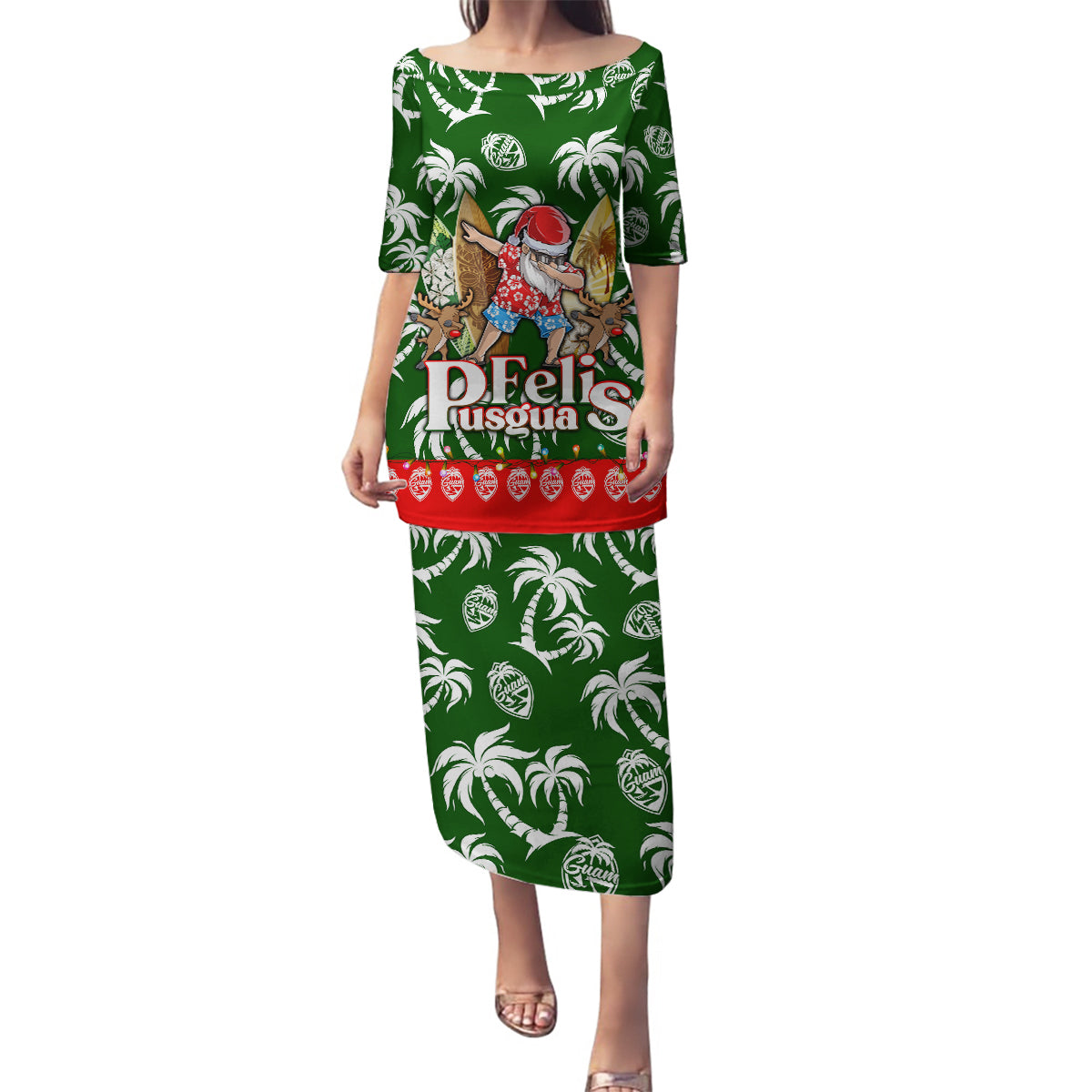 Guam Christmas Family Matching Puletasi Dress and Hawaiian Shirt Felis Pusgua Tropical Xmas Patterns - Wonder Print Shop