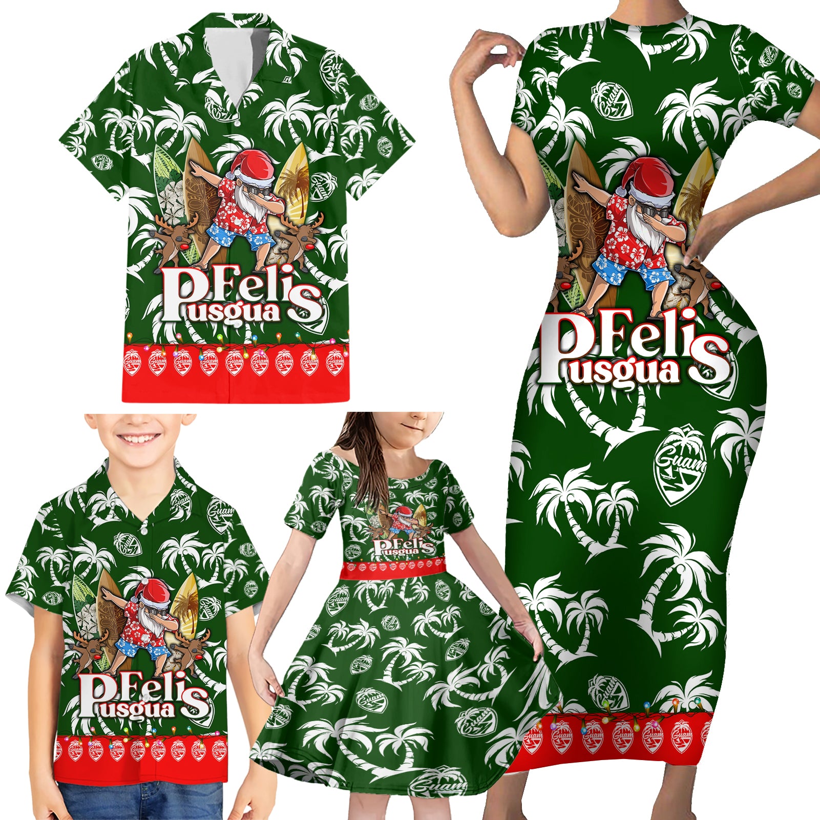 Guam Christmas Family Matching Short Sleeve Bodycon Dress and Hawaiian Shirt Felis Pusgua Tropical Xmas Patterns - Wonder Print Shop