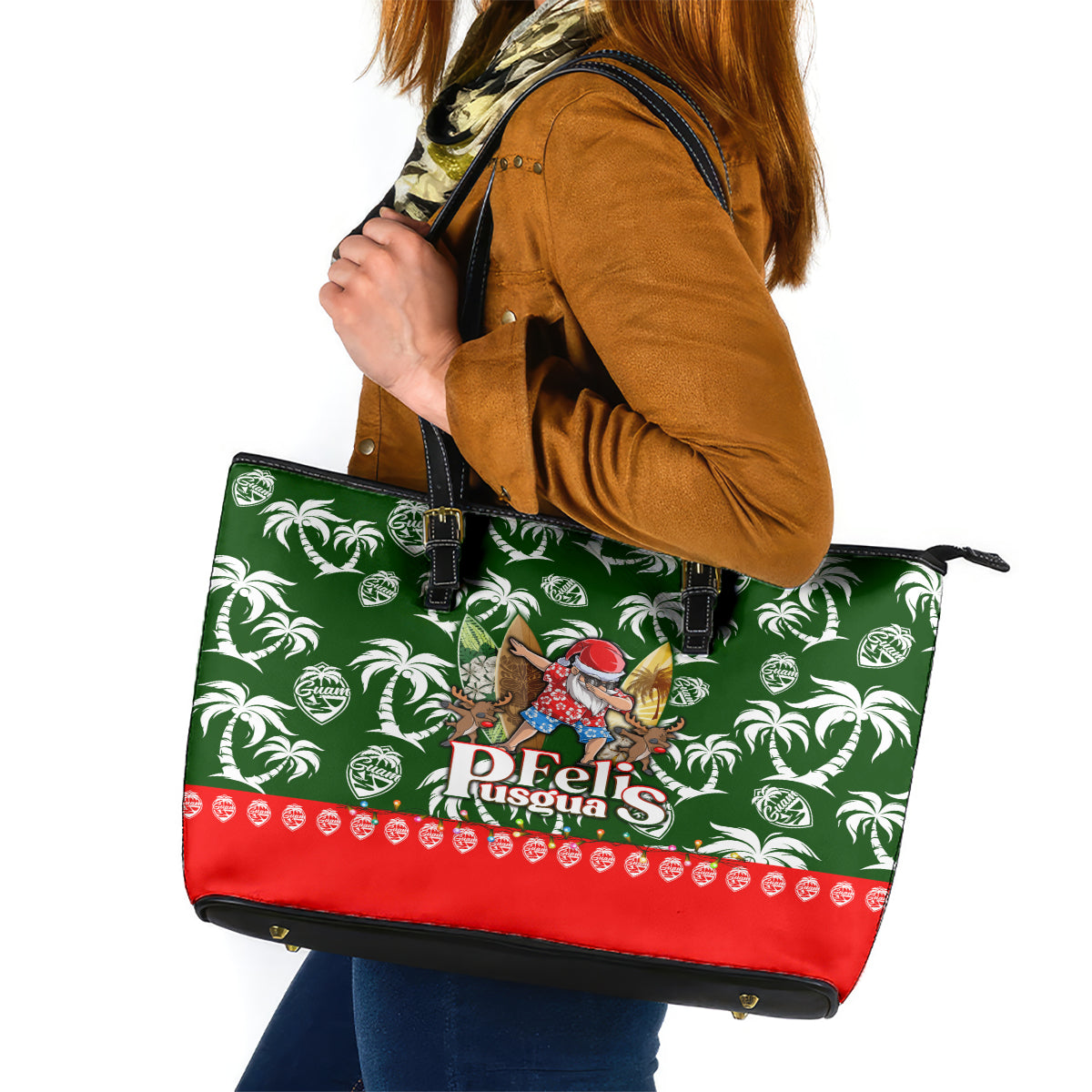 Guam Christmas Leather Tote Bag Felis Pusgua Tropical Xmas Patterns - Wonder Print Shop