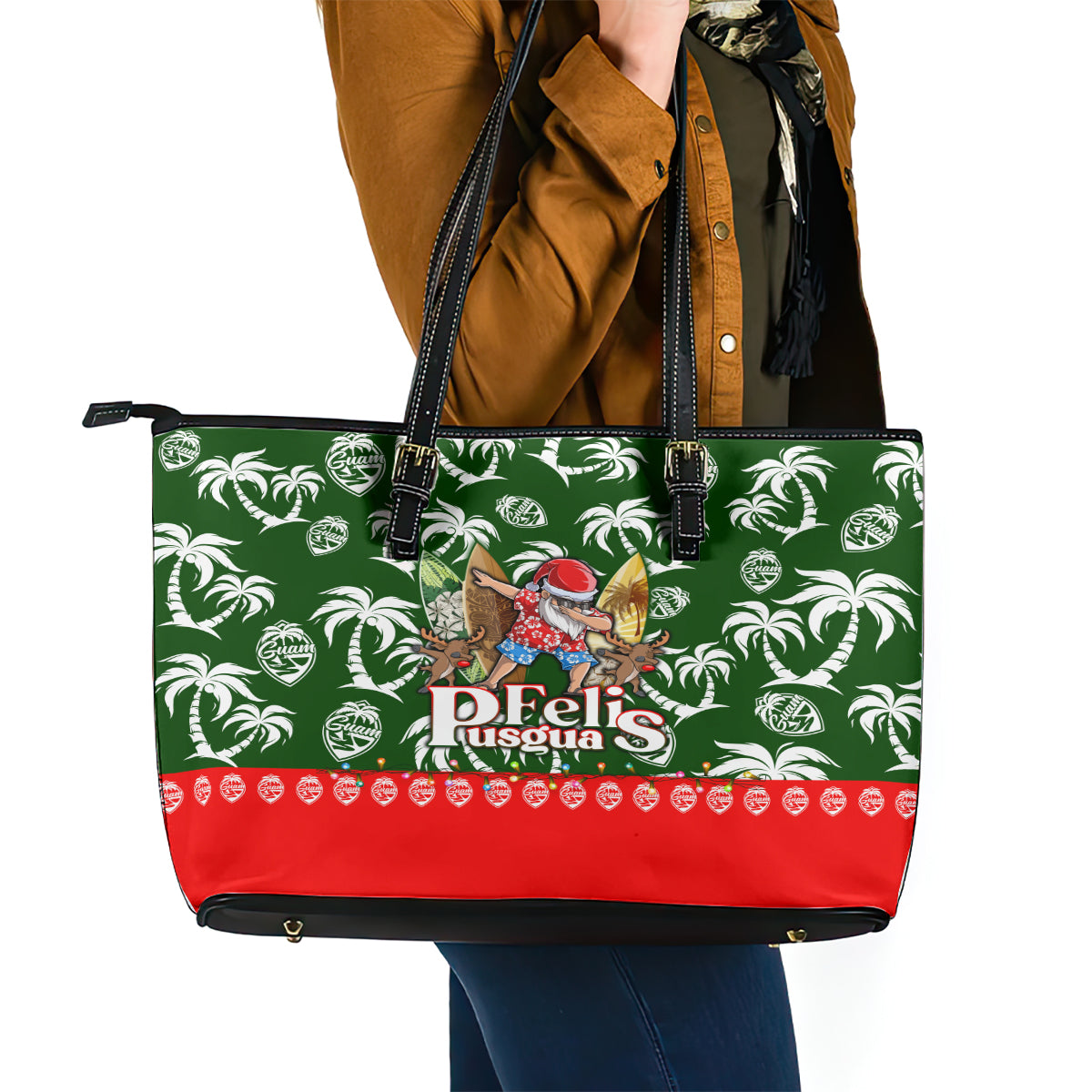 Guam Christmas Leather Tote Bag Felis Pusgua Tropical Xmas Patterns - Wonder Print Shop