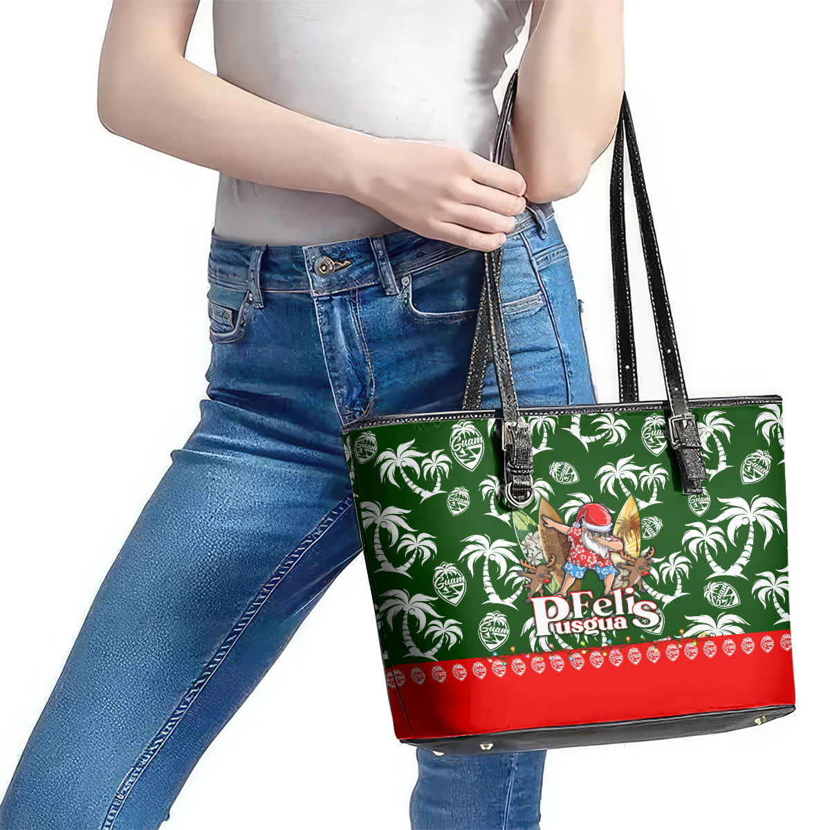 Guam Christmas Leather Tote Bag Felis Pusgua Tropical Xmas Patterns - Wonder Print Shop