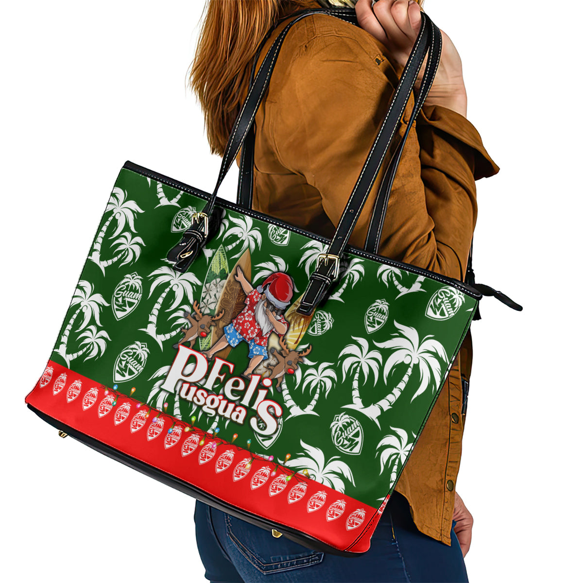 Guam Christmas Leather Tote Bag Felis Pusgua Tropical Xmas Patterns - Wonder Print Shop