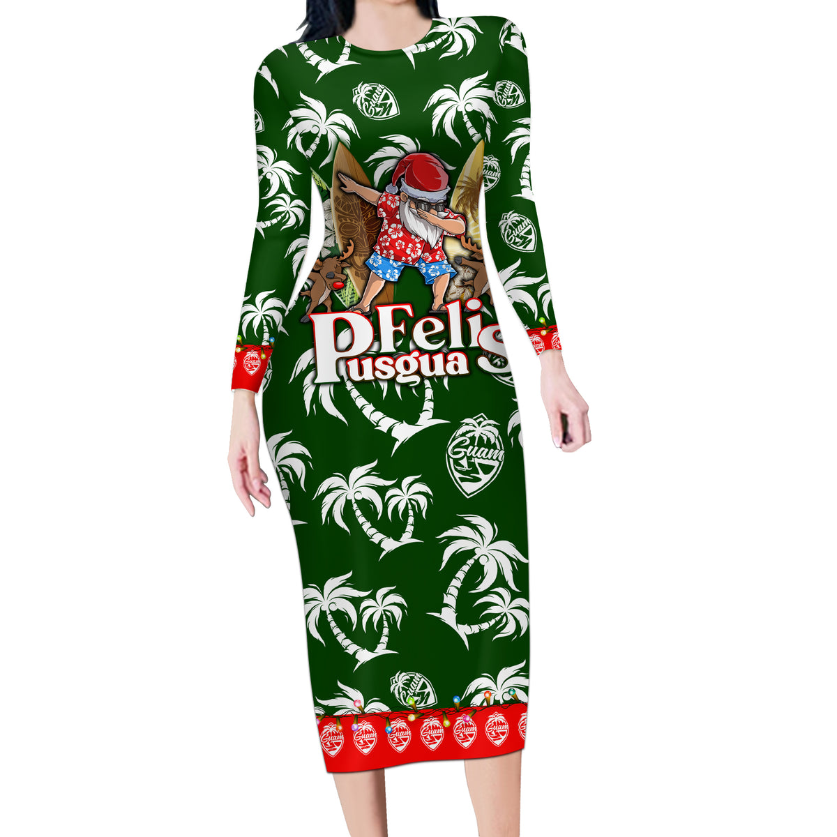 Guam Christmas Long Sleeve Bodycon Dress Felis Pusgua Tropical Xmas Patterns - Wonder Print Shop