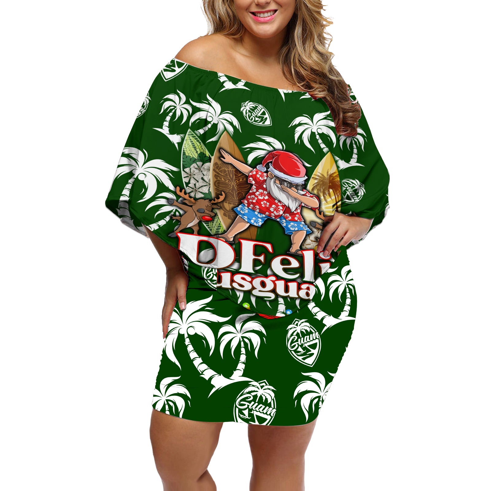 Guam Christmas Off Shoulder Short Dress Felis Pusgua Tropical Xmas Patterns - Wonder Print Shop