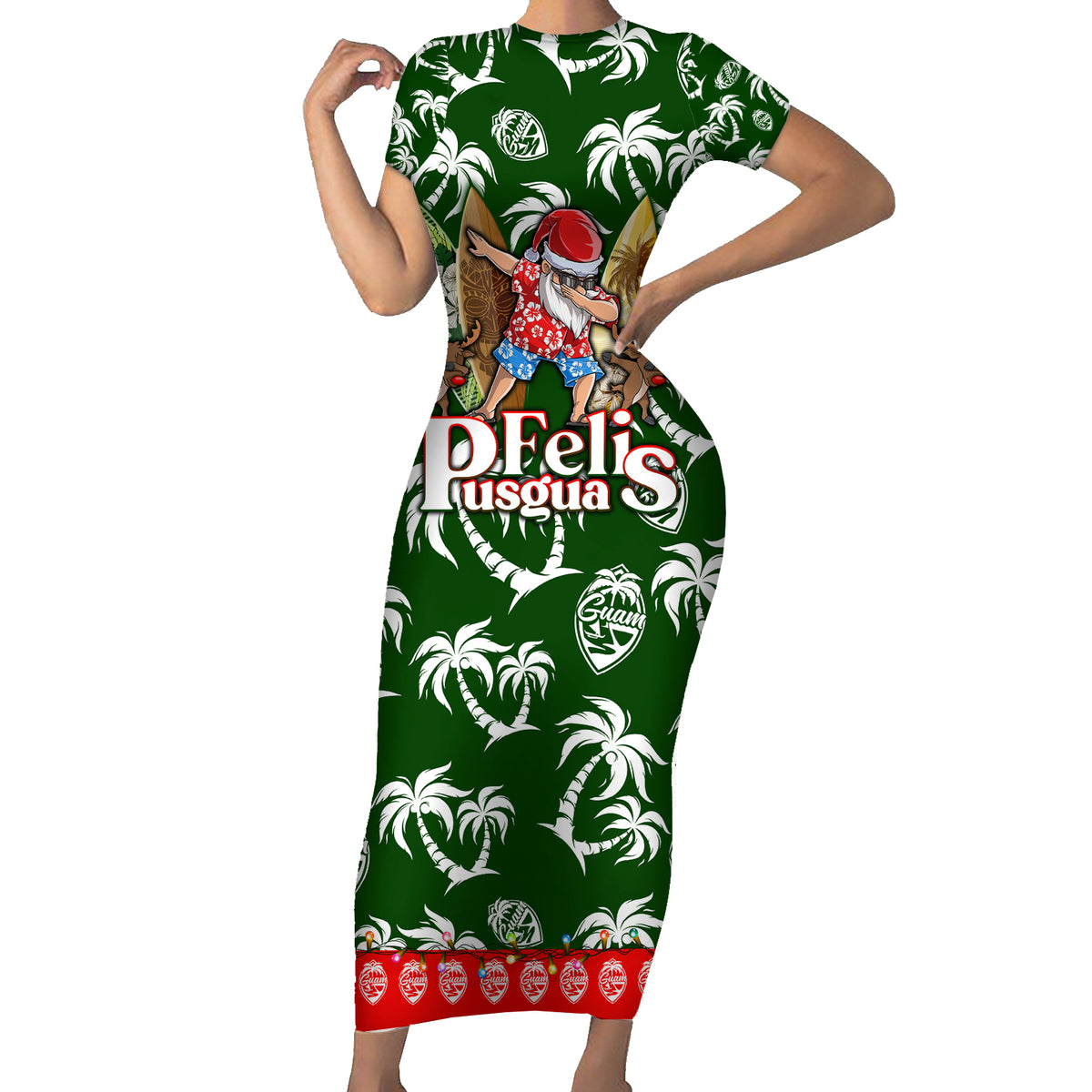 Guam Christmas Short Sleeve Bodycon Dress Felis Pusgua Tropical Xmas Patterns - Wonder Print Shop