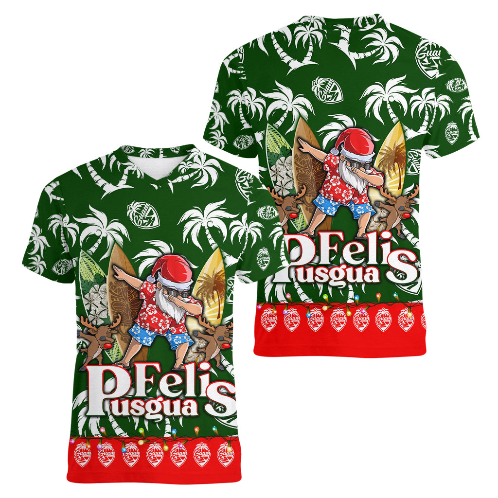 Guam Christmas Women V Neck T Shirt Felis Pusgua Tropical Xmas Patterns - Wonder Print Shop