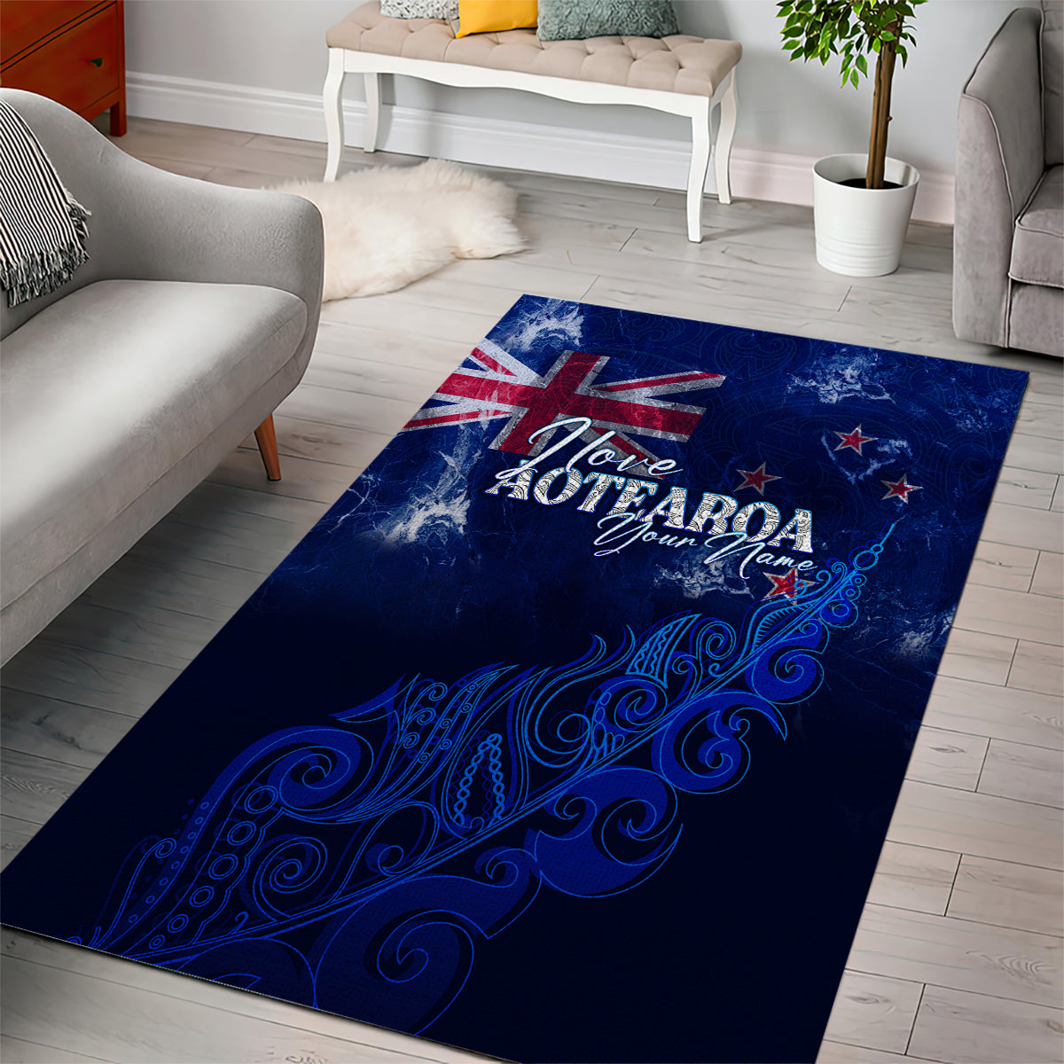 Personalised New Zealand Area Rug Aotearoa Map Silver Fern - Wonder Print Shop