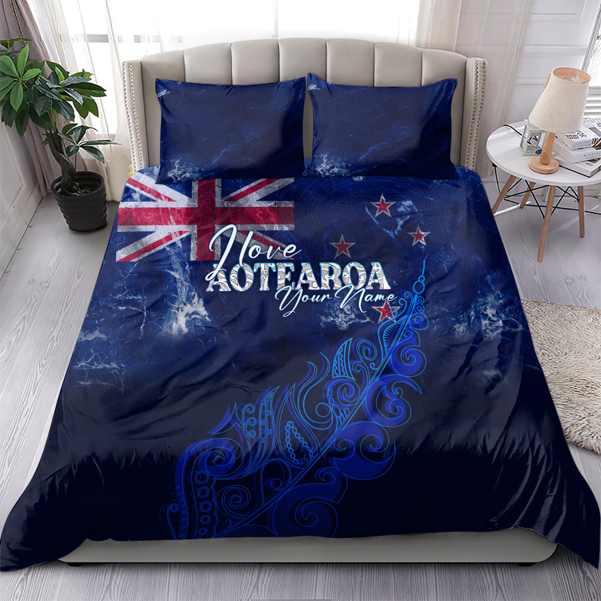 Personalised New Zealand Bedding Set Aotearoa Map Silver Fern - Wonder Print Shop