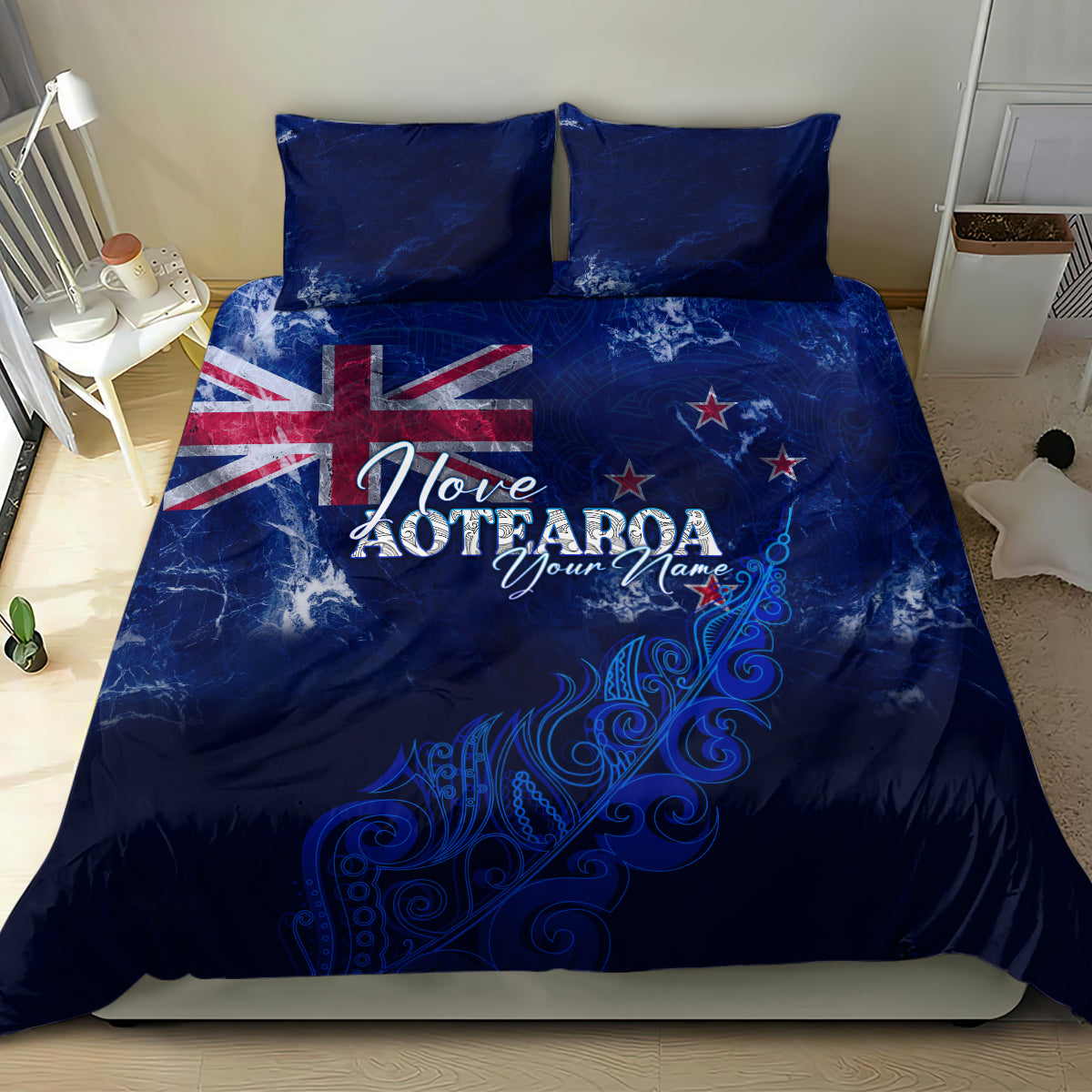 Personalised New Zealand Bedding Set Aotearoa Map Silver Fern - Wonder Print Shop