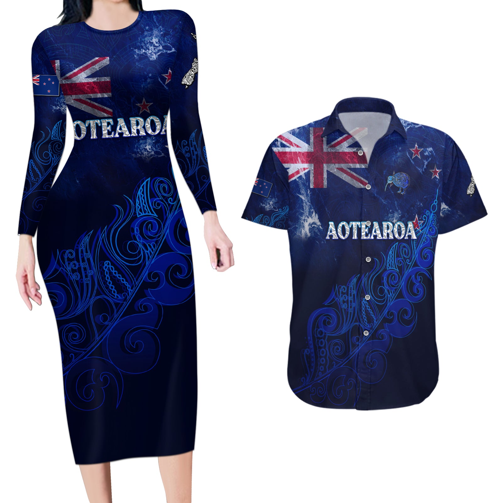 Personalised New Zealand Couples Matching Long Sleeve Bodycon Dress and Hawaiian Shirt Aotearoa Map Silver Fern - Wonder Print Shop
