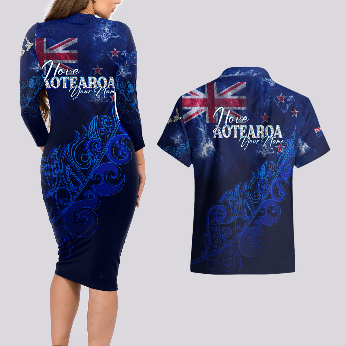 Personalised New Zealand Couples Matching Long Sleeve Bodycon Dress and Hawaiian Shirt Aotearoa Map Silver Fern - Wonder Print Shop