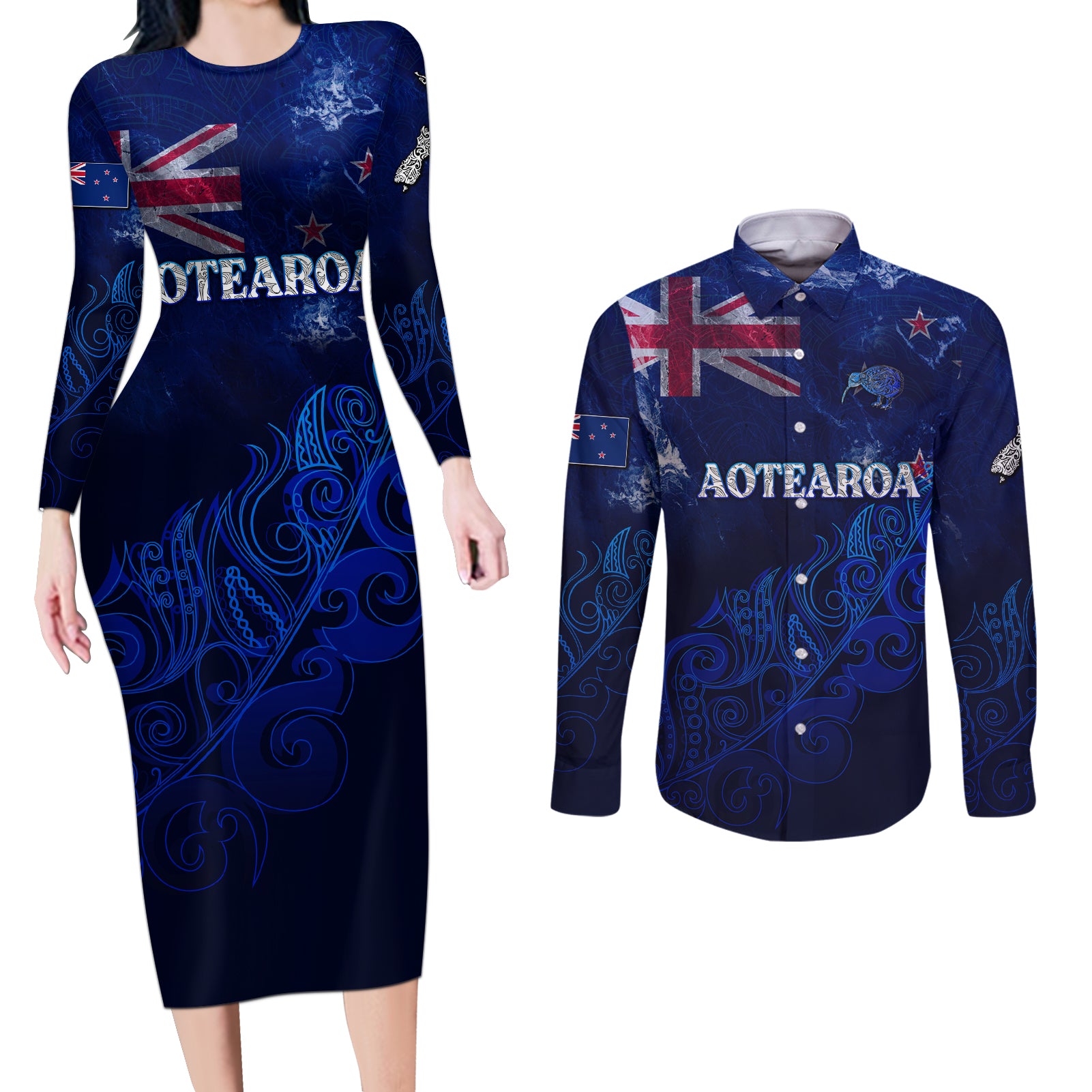 Personalised New Zealand Couples Matching Long Sleeve Bodycon Dress and Long Sleeve Button Shirts Aotearoa Map Silver Fern - Wonder Print Shop