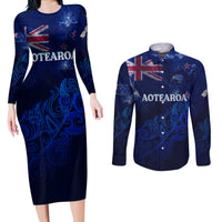 Personalised New Zealand Couples Matching Long Sleeve Bodycon Dress and Long Sleeve Button Shirts Aotearoa Map Silver Fern - Wonder Print Shop