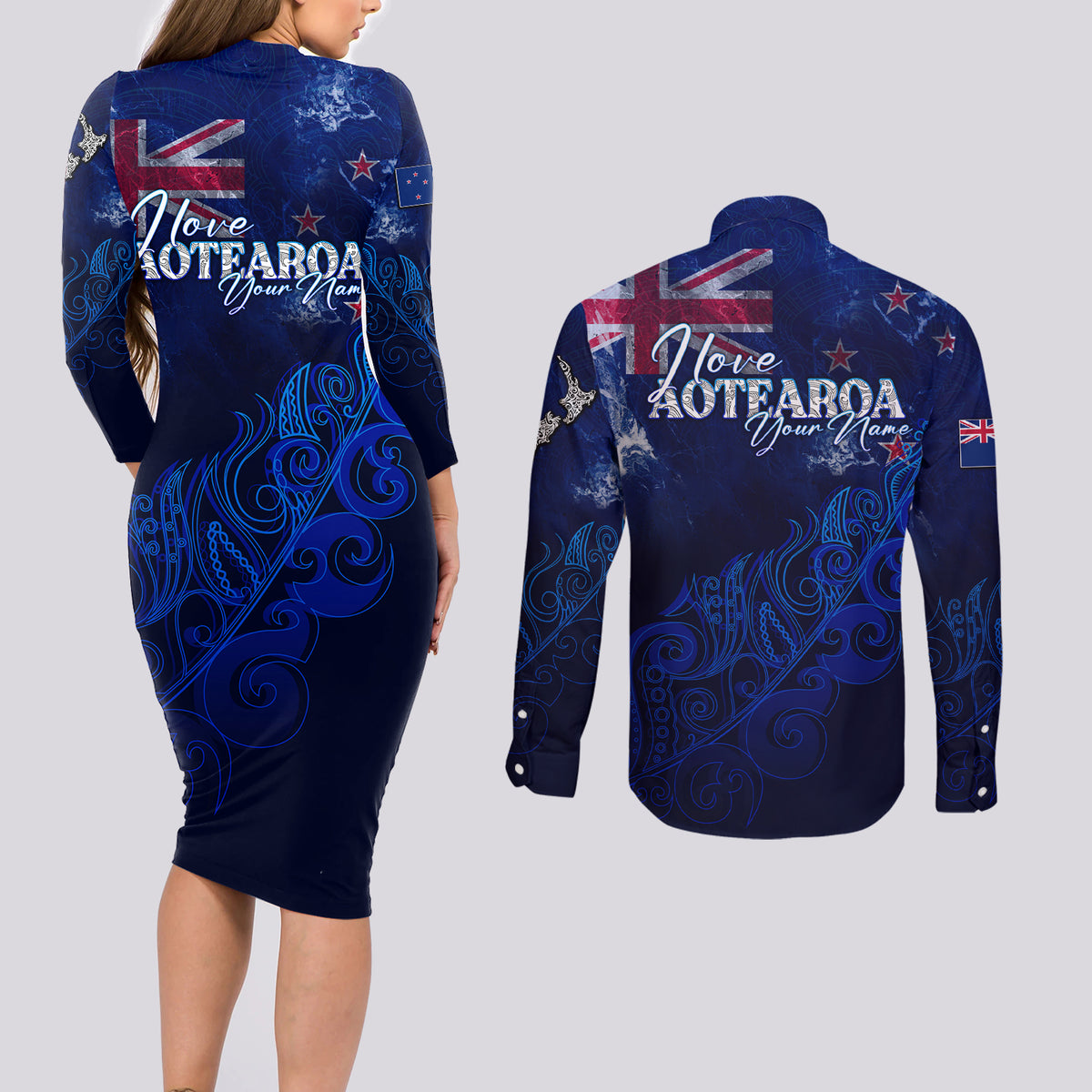 Personalised New Zealand Couples Matching Long Sleeve Bodycon Dress and Long Sleeve Button Shirts Aotearoa Map Silver Fern - Wonder Print Shop