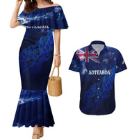 Personalised New Zealand Couples Matching Mermaid Dress and Hawaiian Shirt Aotearoa Map Silver Fern - Wonder Print Shop