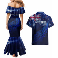 Personalised New Zealand Couples Matching Mermaid Dress and Hawaiian Shirt Aotearoa Map Silver Fern - Wonder Print Shop