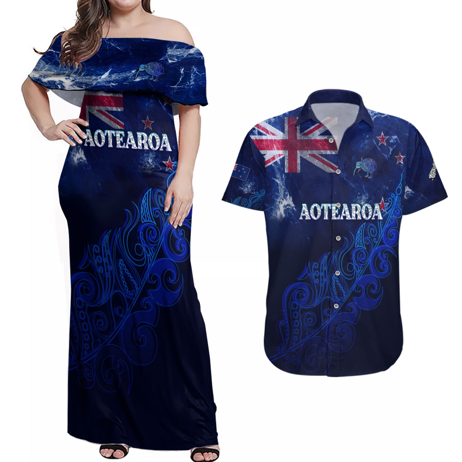 Personalised New Zealand Couples Matching Off Shoulder Maxi Dress and Hawaiian Shirt Aotearoa Map Silver Fern - Wonder Print Shop