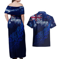 Personalised New Zealand Couples Matching Off Shoulder Maxi Dress and Hawaiian Shirt Aotearoa Map Silver Fern - Wonder Print Shop