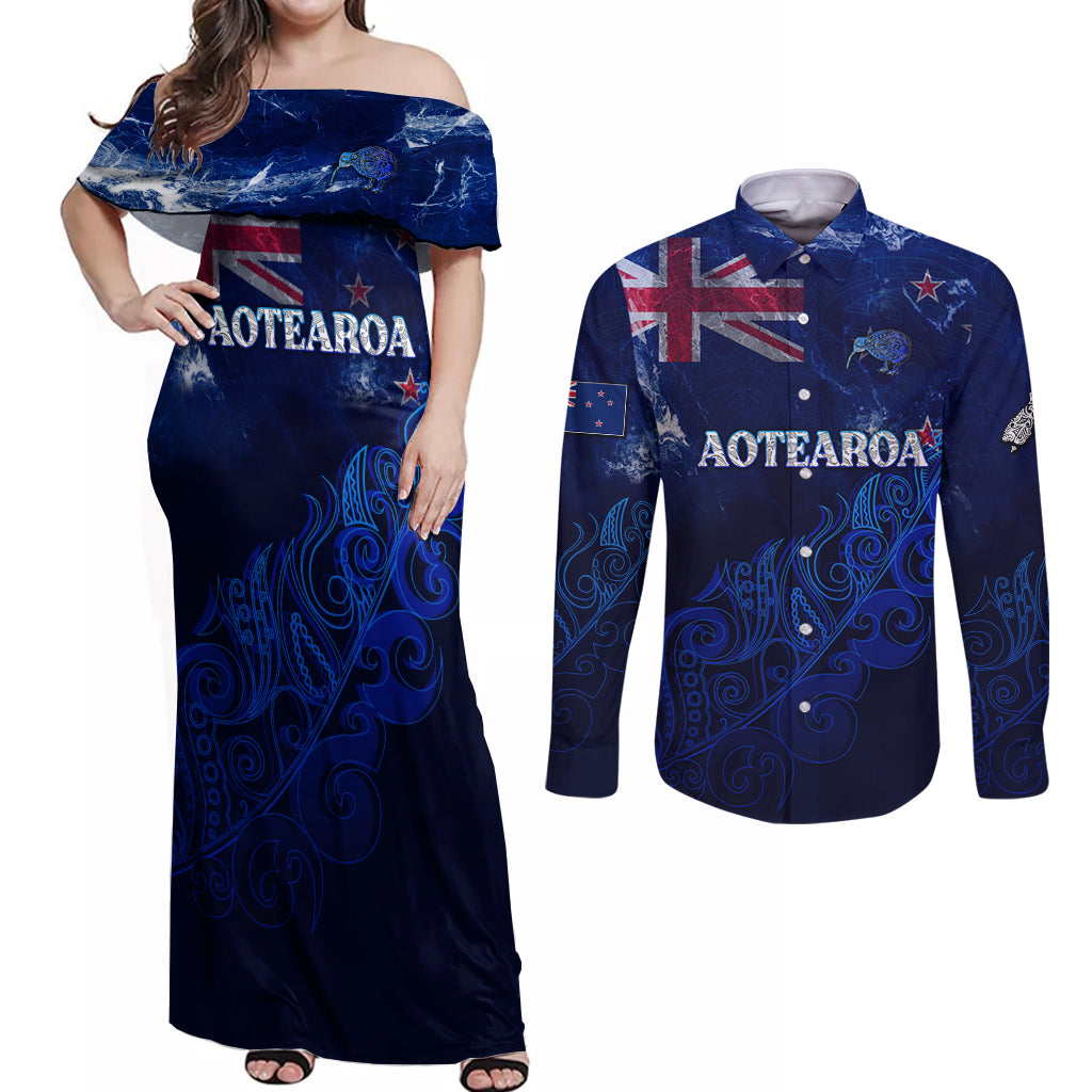 Personalised New Zealand Couples Matching Off Shoulder Maxi Dress and Long Sleeve Button Shirts Aotearoa Map Silver Fern - Wonder Print Shop