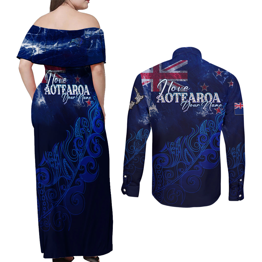 Personalised New Zealand Couples Matching Off Shoulder Maxi Dress and Long Sleeve Button Shirts Aotearoa Map Silver Fern - Wonder Print Shop