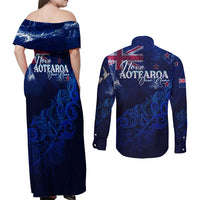 Personalised New Zealand Couples Matching Off Shoulder Maxi Dress and Long Sleeve Button Shirts Aotearoa Map Silver Fern - Wonder Print Shop