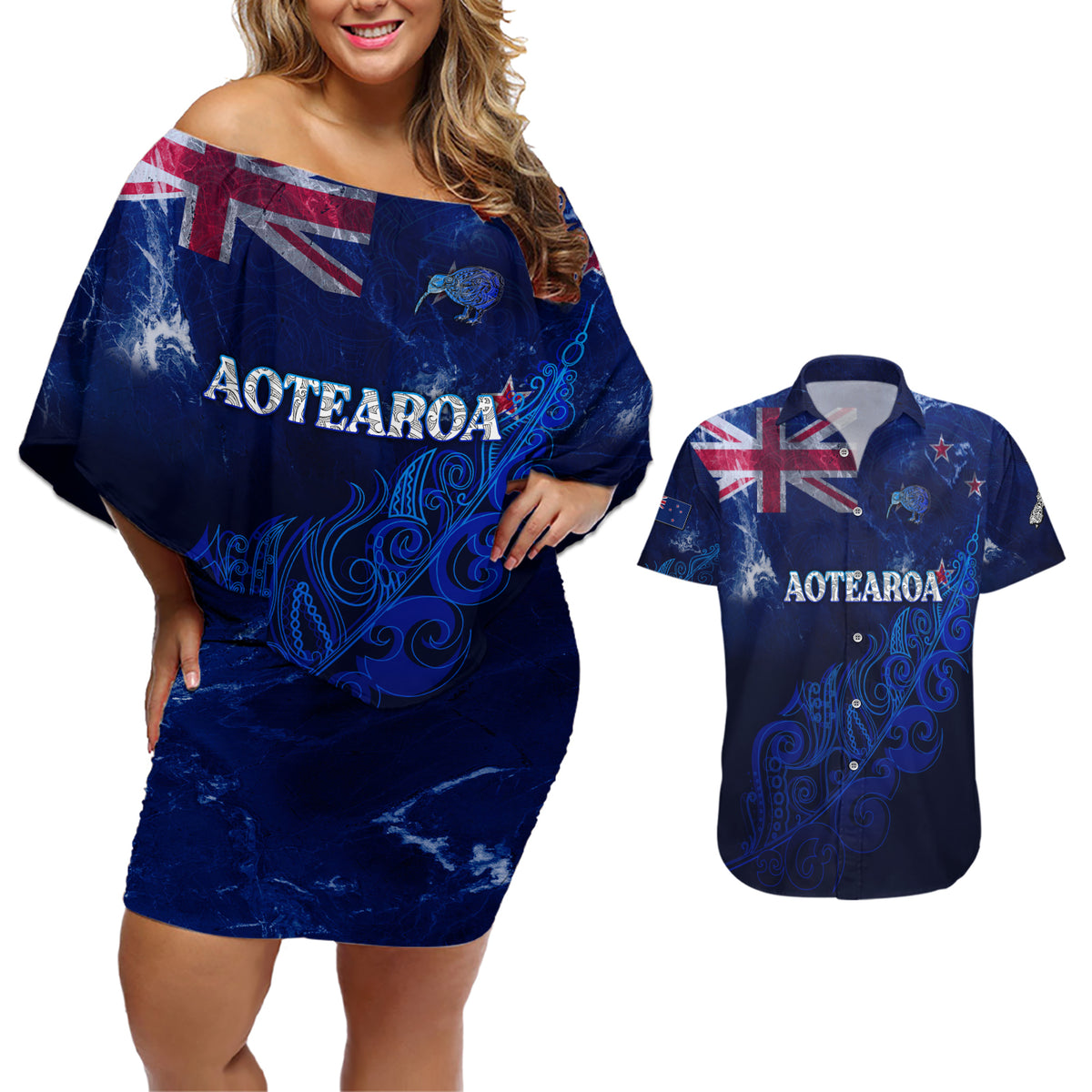Personalised New Zealand Couples Matching Off Shoulder Short Dress and Hawaiian Shirt Aotearoa Map Silver Fern - Wonder Print Shop