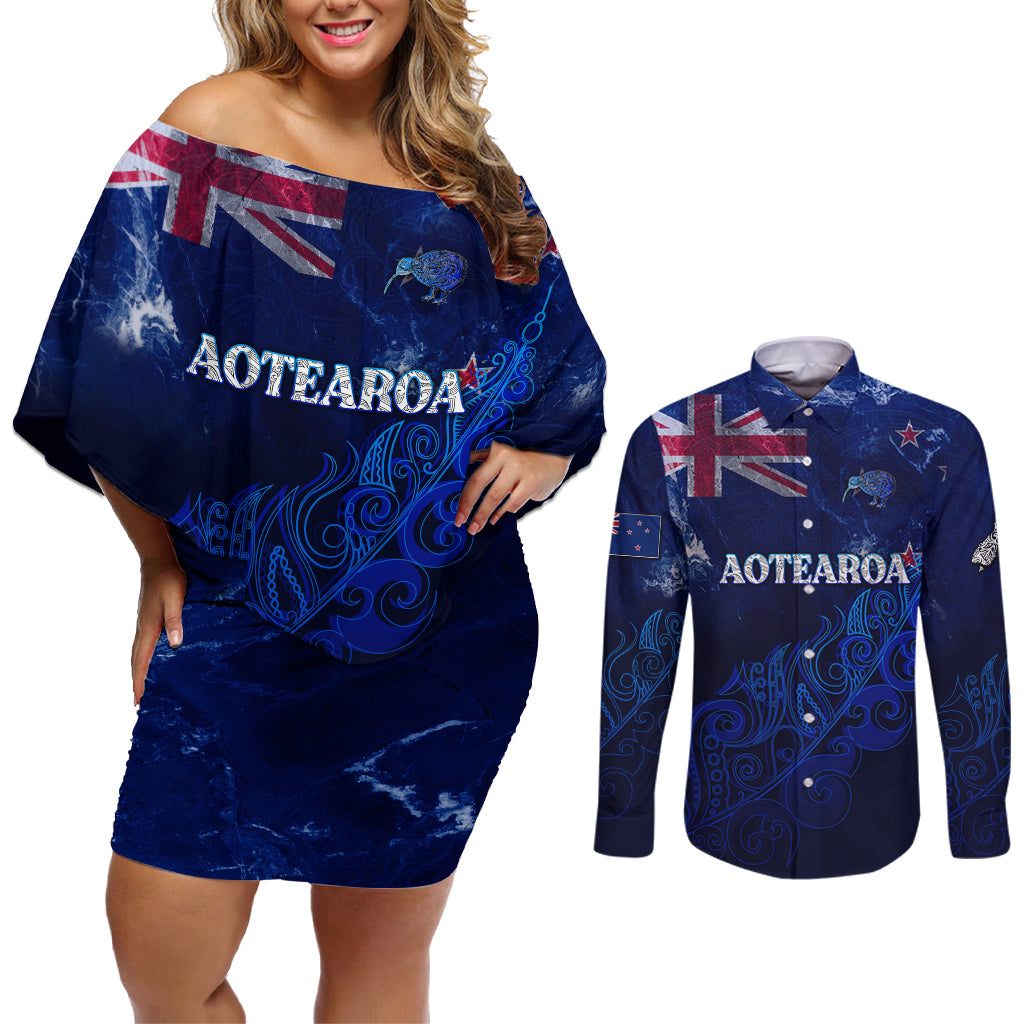Personalised New Zealand Couples Matching Off Shoulder Short Dress and Long Sleeve Button Shirts Aotearoa Map Silver Fern - Wonder Print Shop