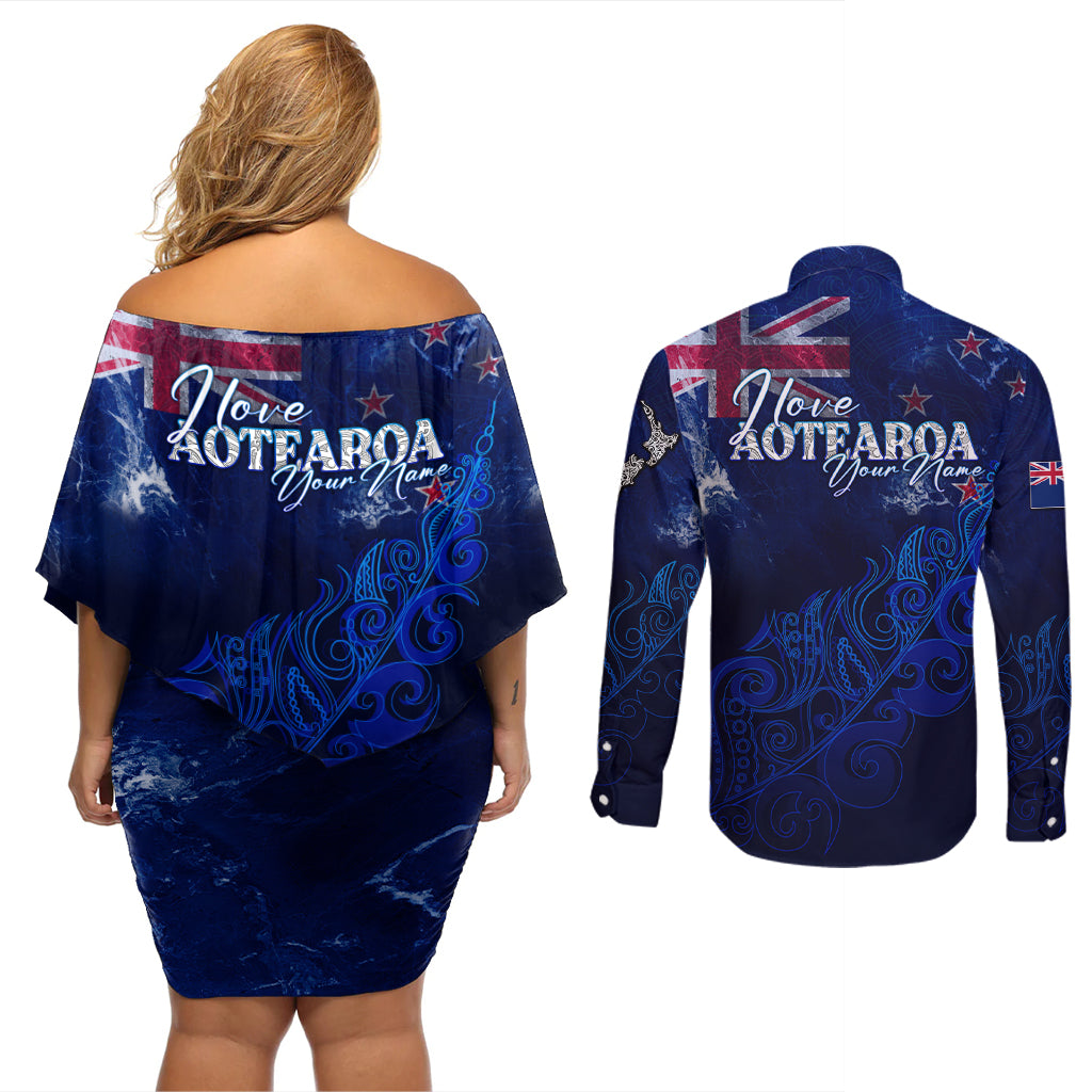 Personalised New Zealand Couples Matching Off Shoulder Short Dress and Long Sleeve Button Shirts Aotearoa Map Silver Fern - Wonder Print Shop