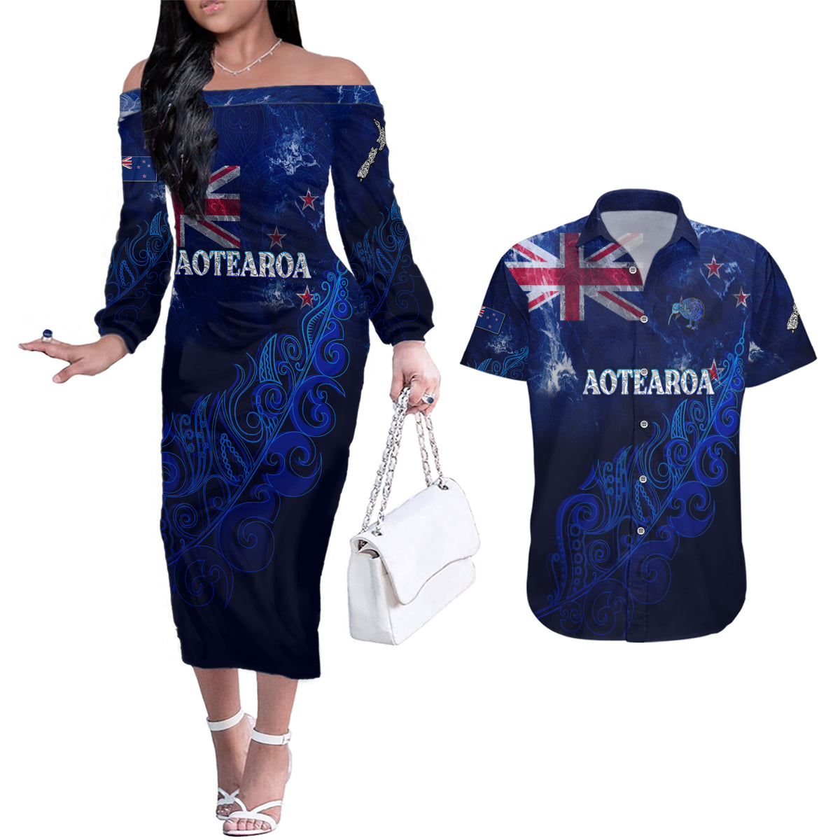 Personalised New Zealand Couples Matching Off The Shoulder Long Sleeve Dress and Hawaiian Shirt Aotearoa Map Silver Fern - Wonder Print Shop