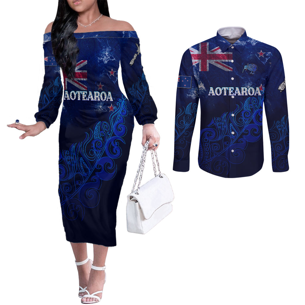 personalised-new-zealand-couples-matching-off-the-shoulder-long-sleeve-dress-and-long-sleeve-button-shirts-aotearoa-map-silver-fern