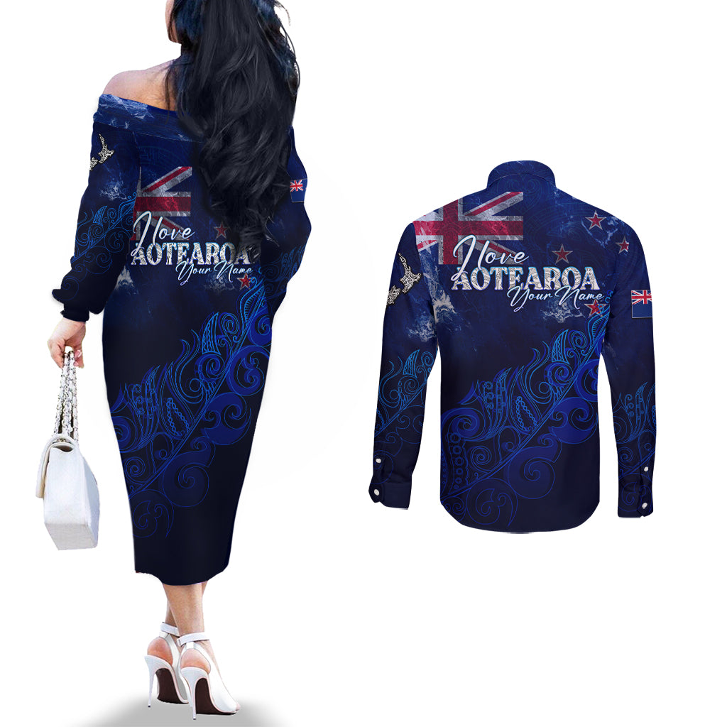 personalised-new-zealand-couples-matching-off-the-shoulder-long-sleeve-dress-and-long-sleeve-button-shirts-aotearoa-map-silver-fern