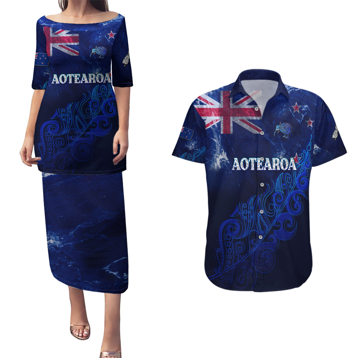 Personalised New Zealand Couples Matching Puletasi Dress and Hawaiian Shirt Aotearoa Map Silver Fern - Wonder Print Shop