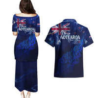 Personalised New Zealand Couples Matching Puletasi Dress and Hawaiian Shirt Aotearoa Map Silver Fern - Wonder Print Shop