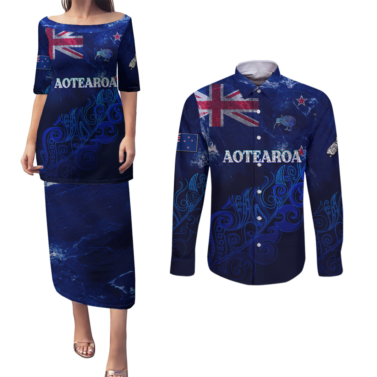 Personalised New Zealand Couples Matching Puletasi Dress and Long Sleeve Button Shirts Aotearoa Map Silver Fern - Wonder Print Shop