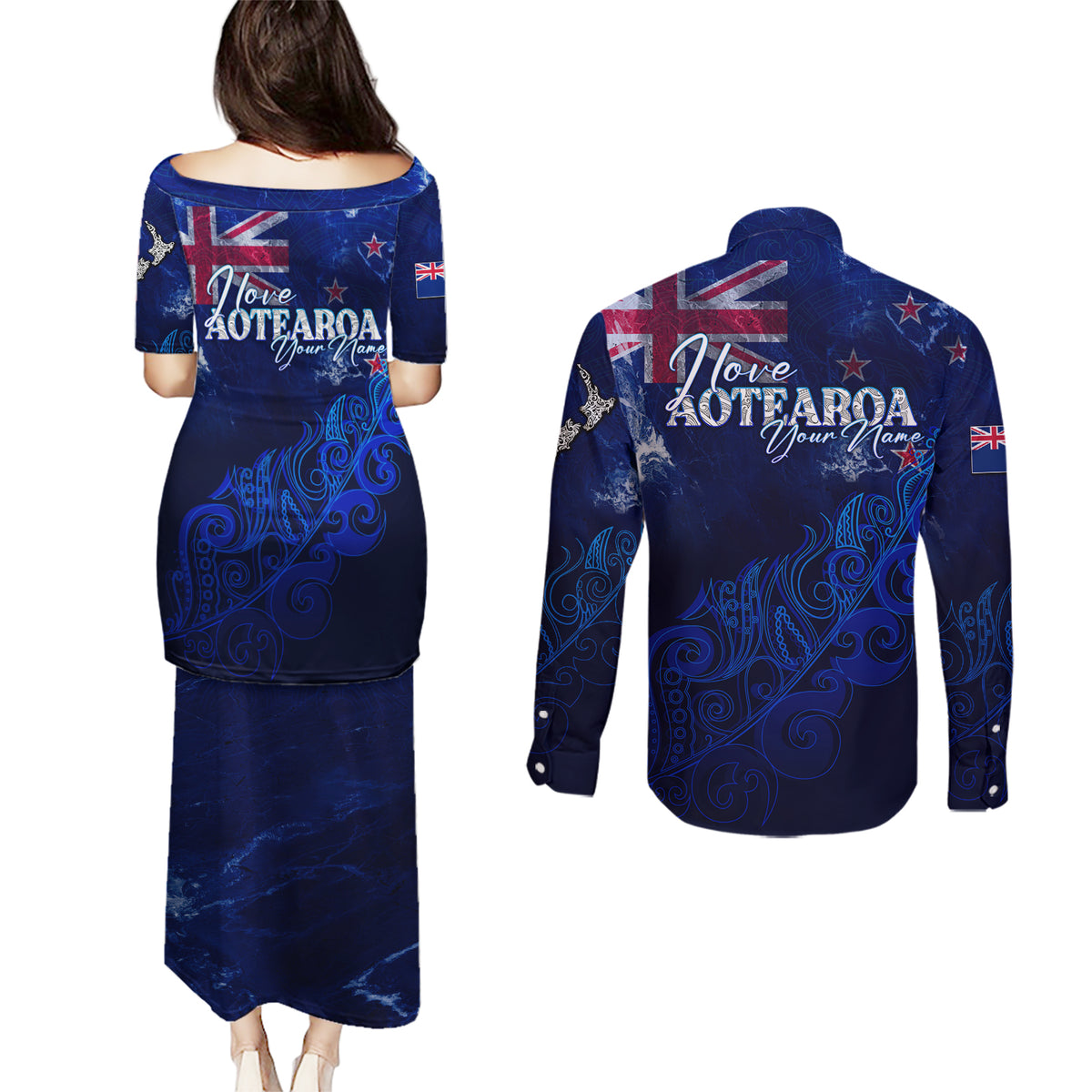Personalised New Zealand Couples Matching Puletasi Dress and Long Sleeve Button Shirts Aotearoa Map Silver Fern - Wonder Print Shop